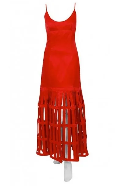 1992 Valentino Boutique Red Silk Low-Plunge Birdcage Cut-Out Backless Maxi Dress