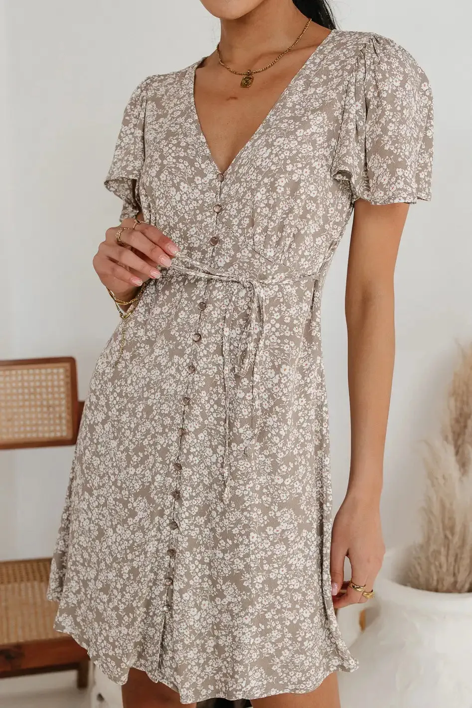 Abbie Floral Mini Dress in Taupe