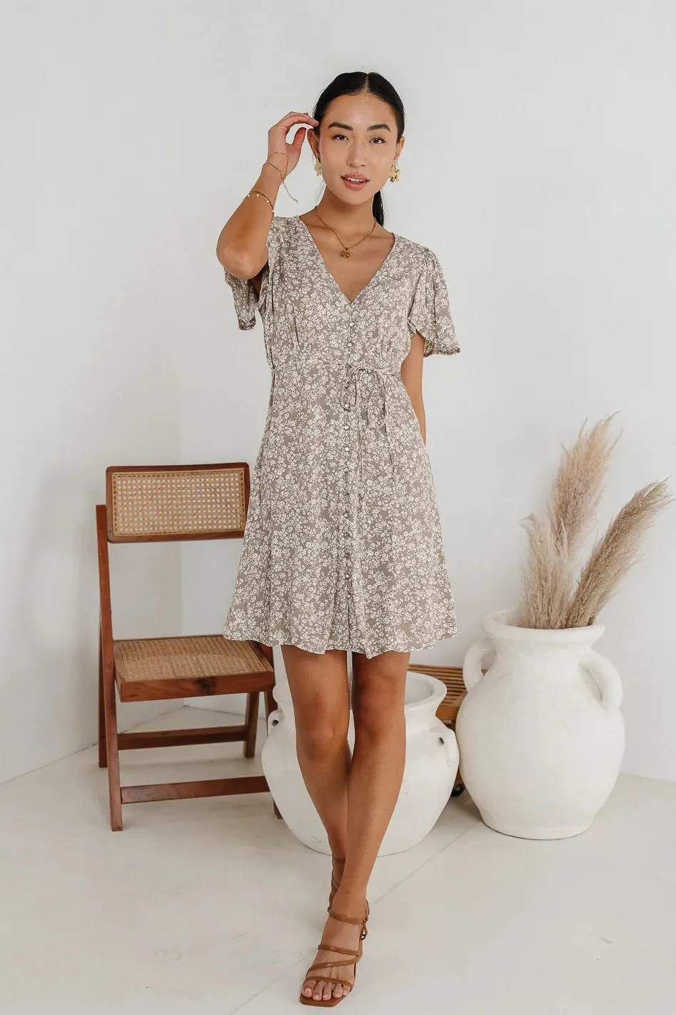 Abbie Floral Mini Dress in Taupe