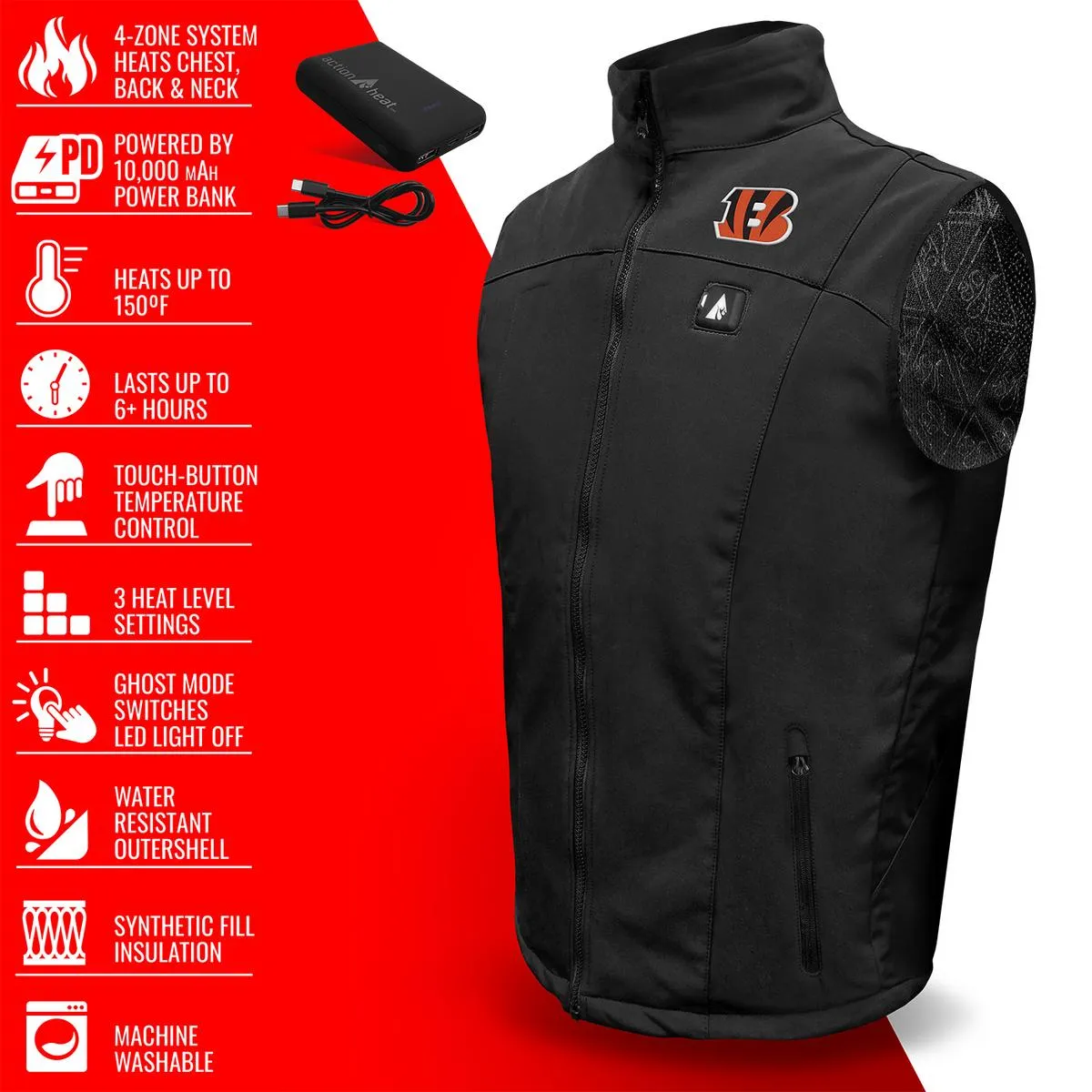 ActionHeat Cincinnati Bengals 5V Men's Softshell Battery Heated Vest