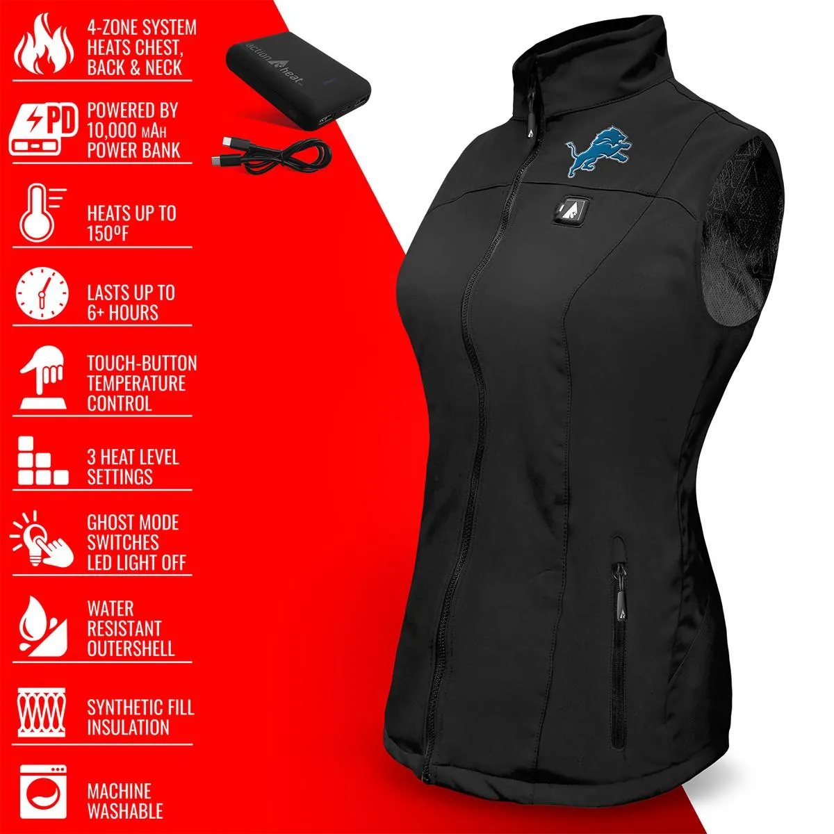 ActionHeat Detroit Lions 5V Women's Softshell Battery Heated Vest