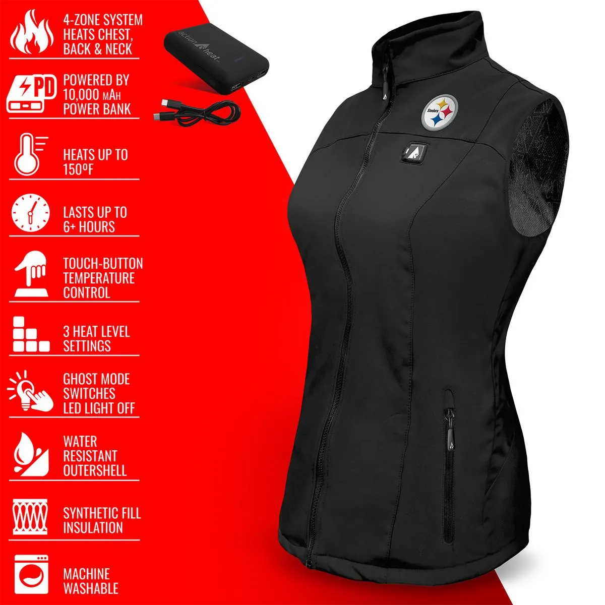 ActionHeat Pittsburgh Steelers 5V Women's Softshell Battery Heated Vest