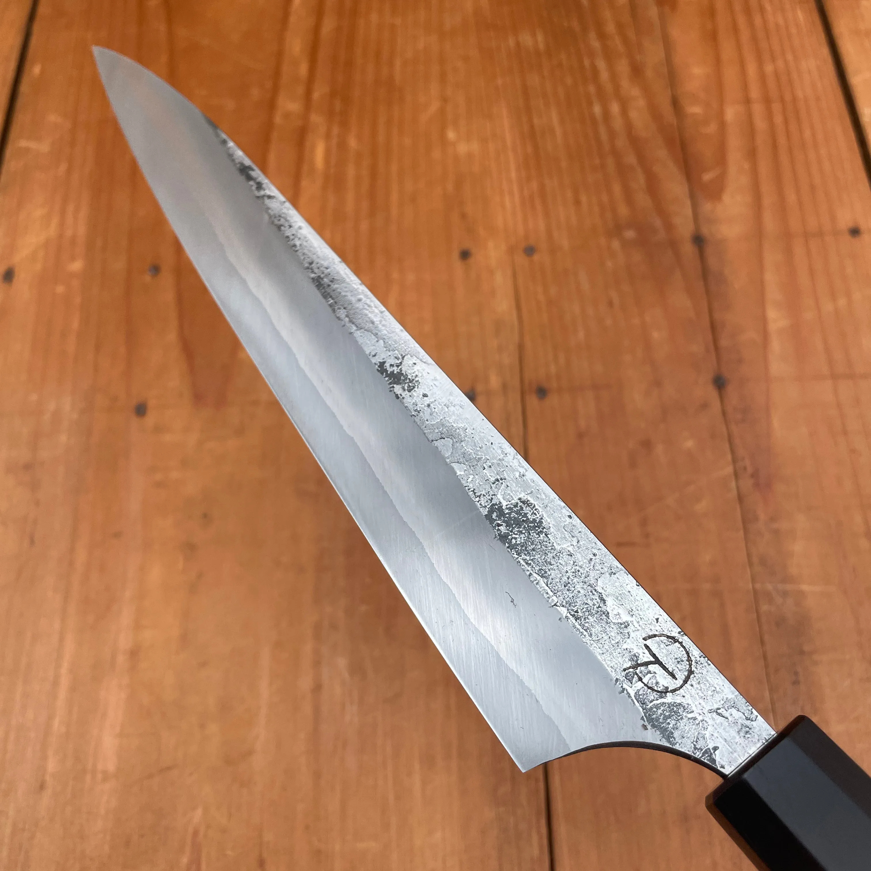 Alma Knife Co. 210mm Sujihiki 410ss Stainless Clad 26C3 Kurouchi Cherry/African Black Wood