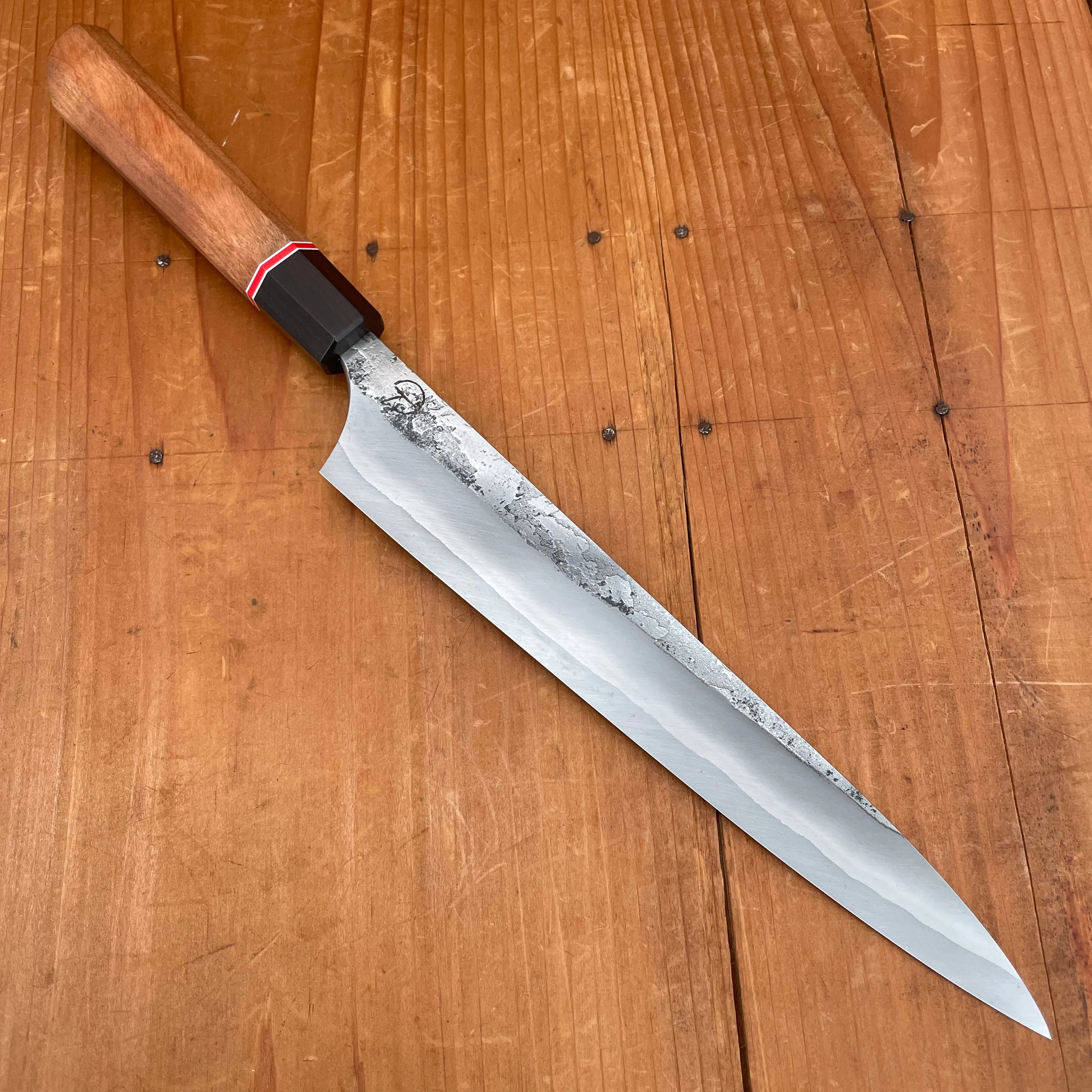 Alma Knife Co. 210mm Sujihiki 410ss Stainless Clad 26C3 Kurouchi Cherry/African Black Wood