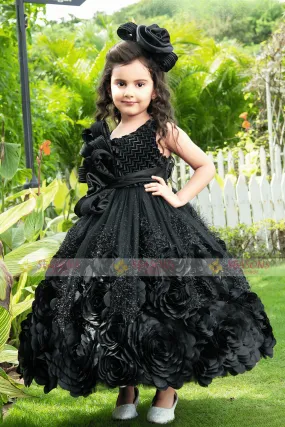 Black Satin with Netted and Glitter work Long Party Frock for Girls