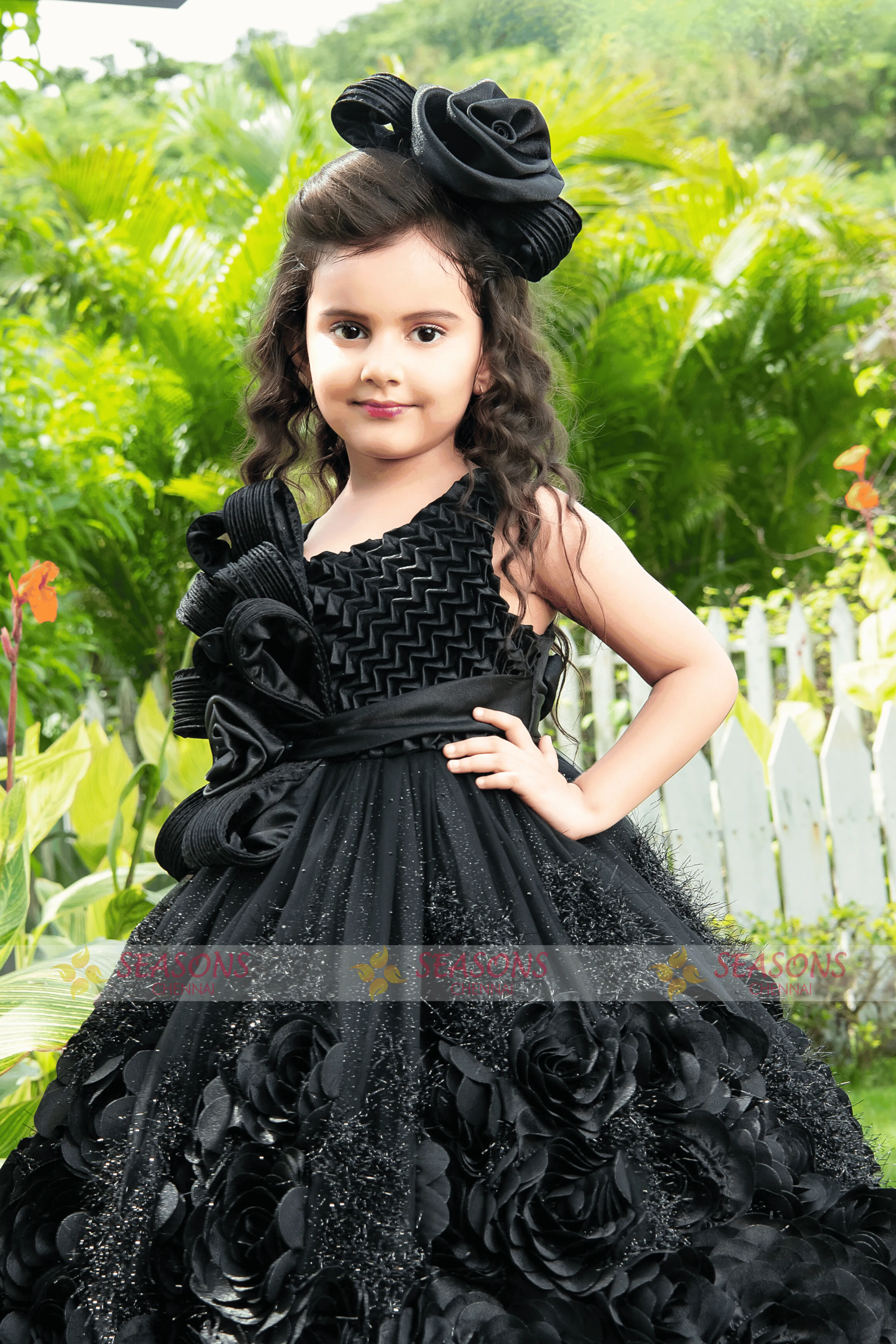 Black Satin with Netted and Glitter work Long Party Frock for Girls