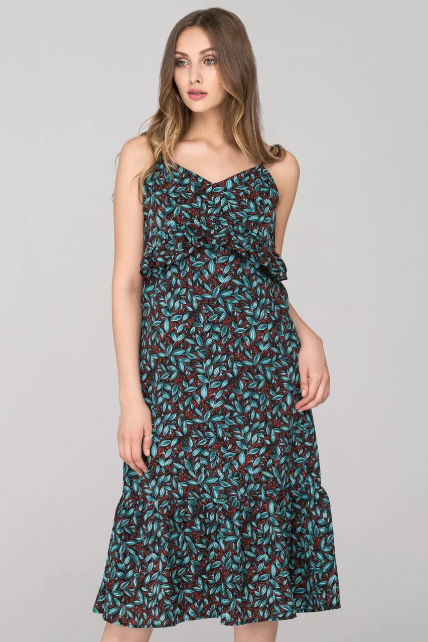 Blue Green Berry Leaf Print flounced Midi Dress