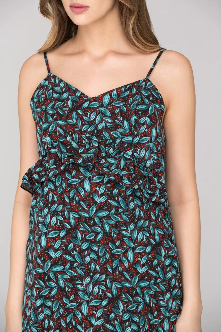 Blue Green Berry Leaf Print flounced Midi Dress