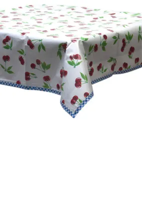 Cherry White Oilcloth Tablecloths with Blue Gingham Trim