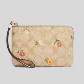 Coach Corner Zip Wristlet In Signature Canvas With Nostalgic Ditsy Print Light Khaki Multi RS-CH478