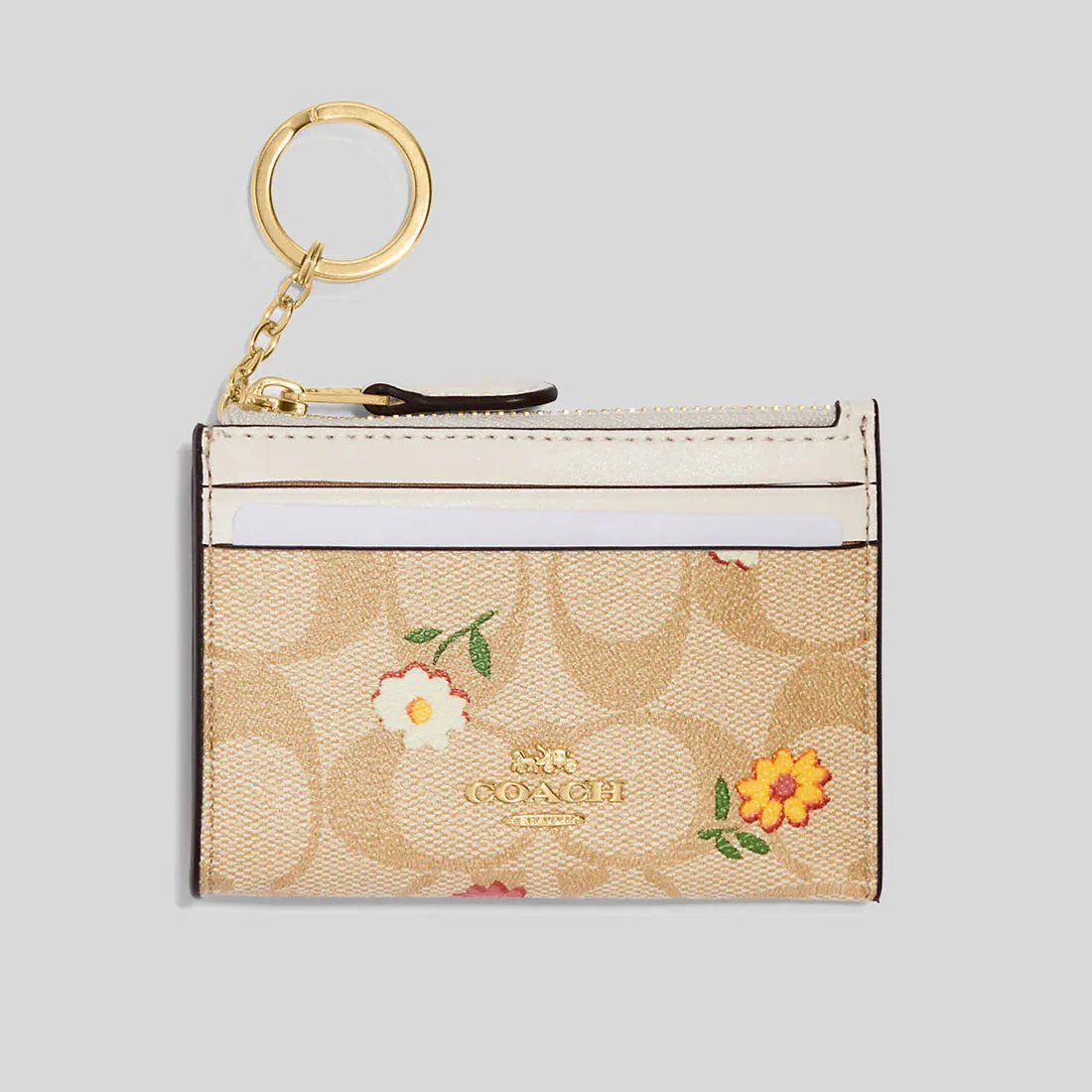 Coach Mini Skinny Id Case In Signature Canvas With Nostalgic Ditsy Print Light Khaki Multi RS-CH481