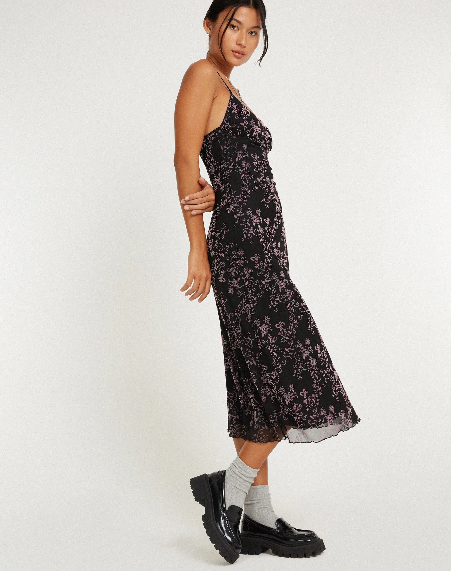 Cotina Midi Dress in Butterfly Vine Flock Black and Pink