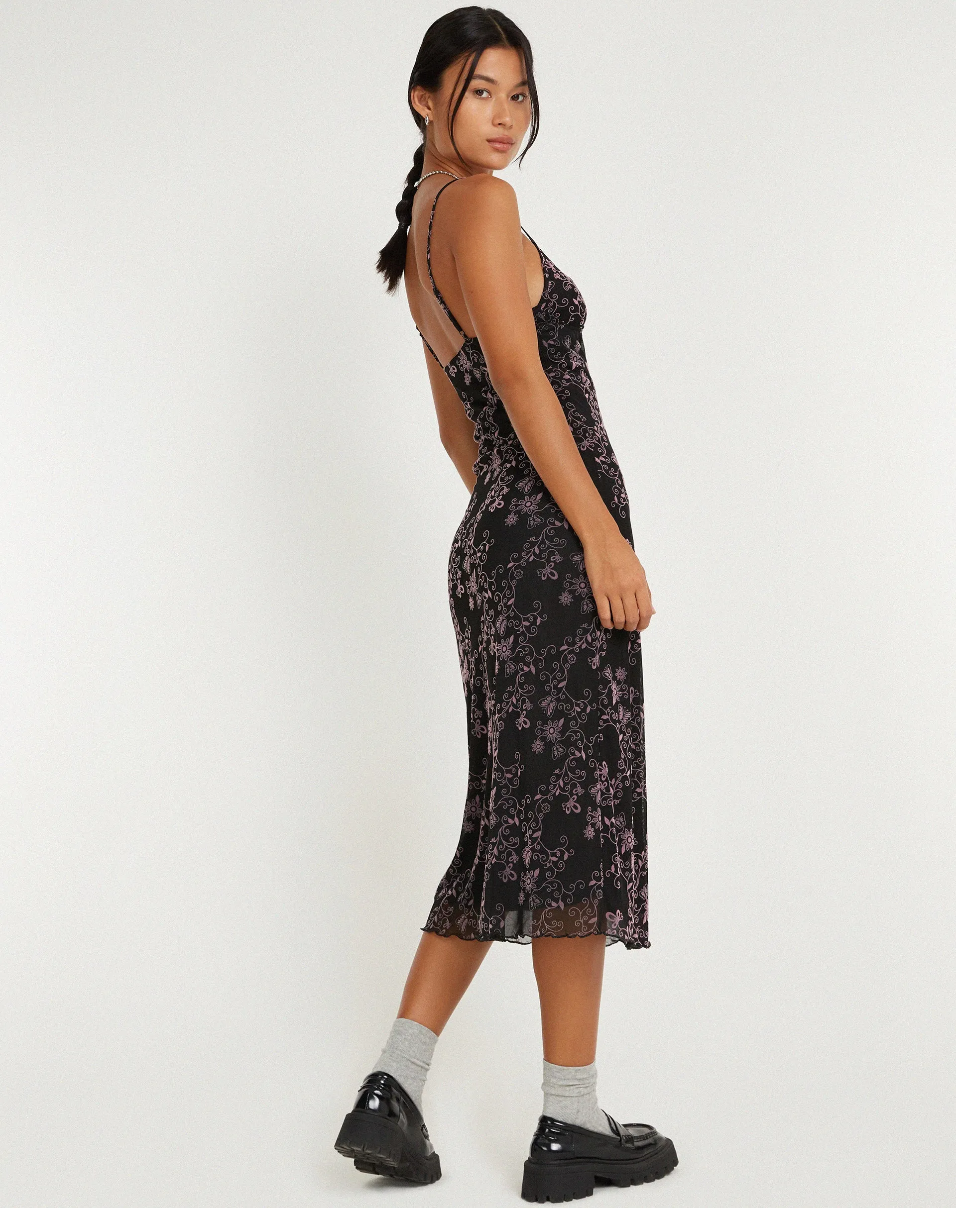 Cotina Midi Dress in Butterfly Vine Flock Black and Pink