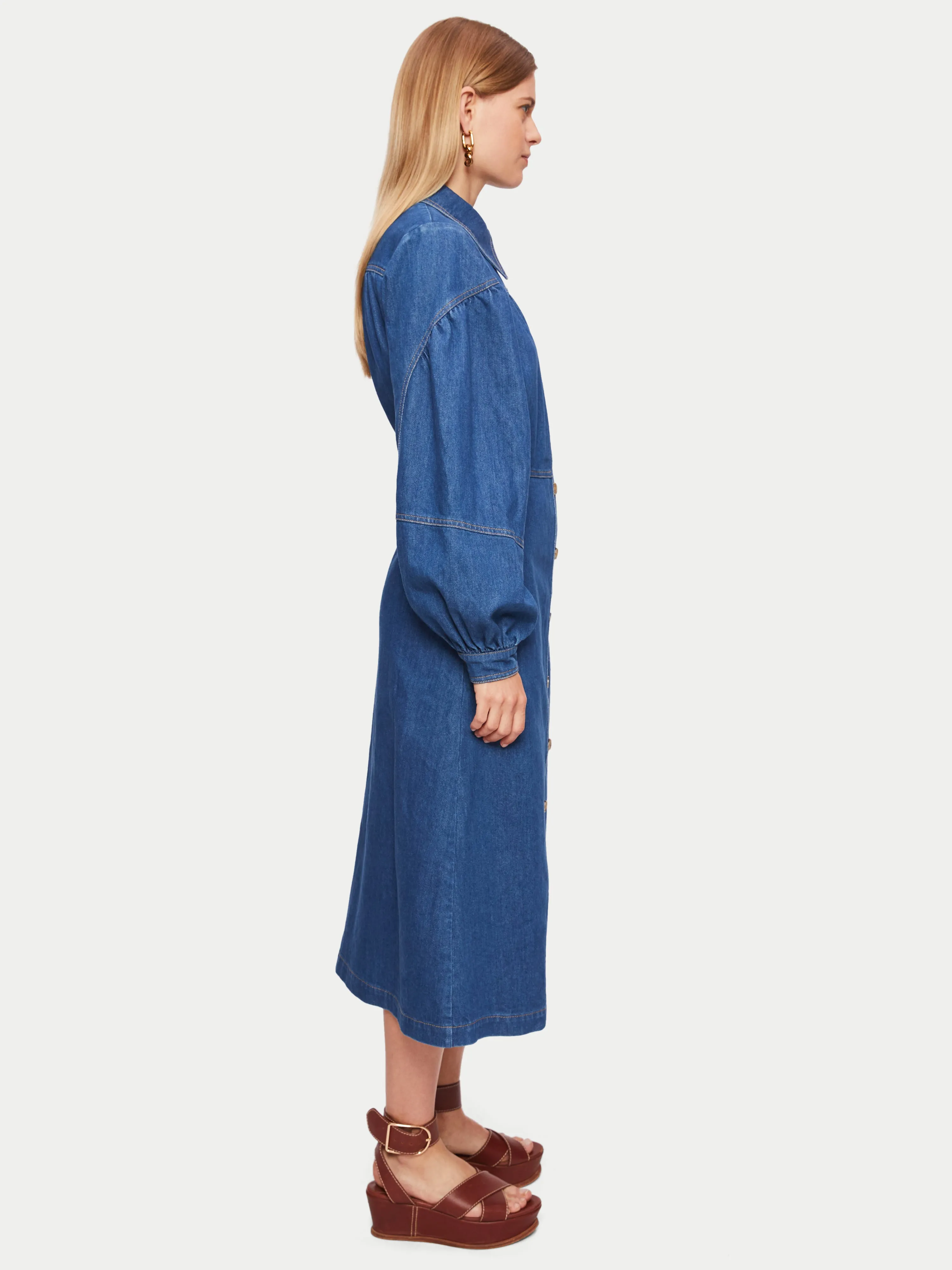 Denim Gathered Sleeve Dress | Blue