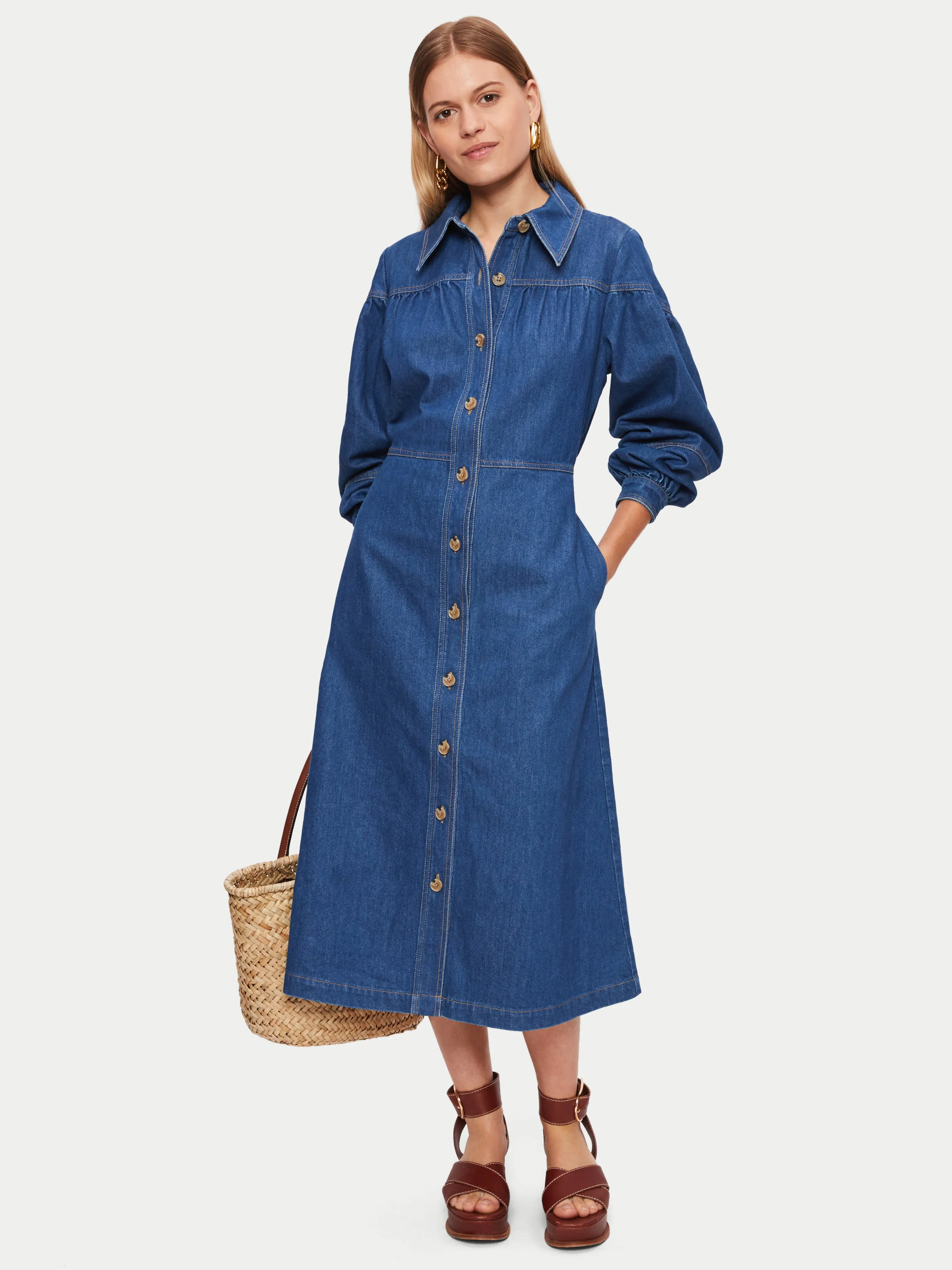 Denim Gathered Sleeve Dress | Blue