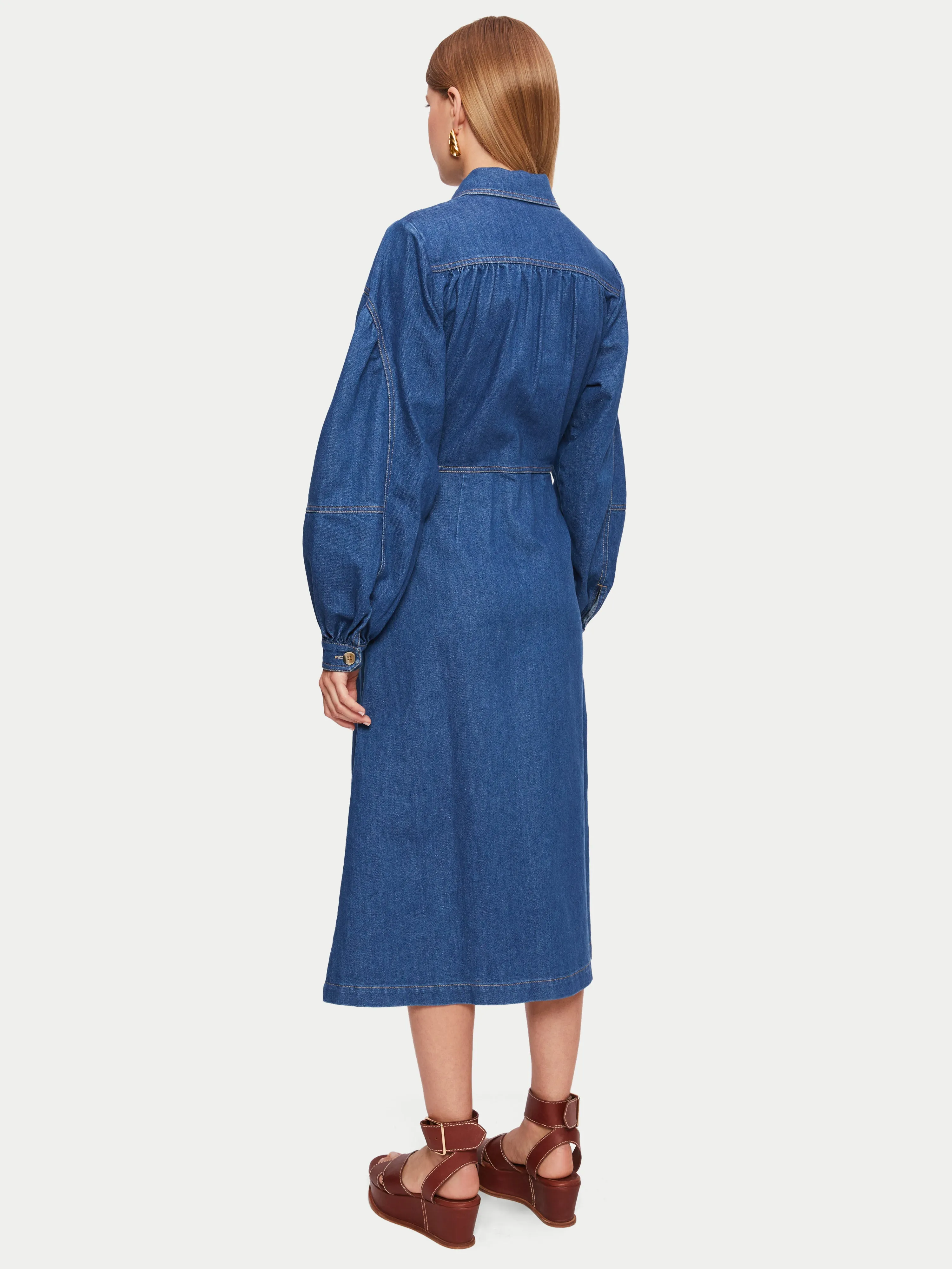 Denim Gathered Sleeve Dress | Blue