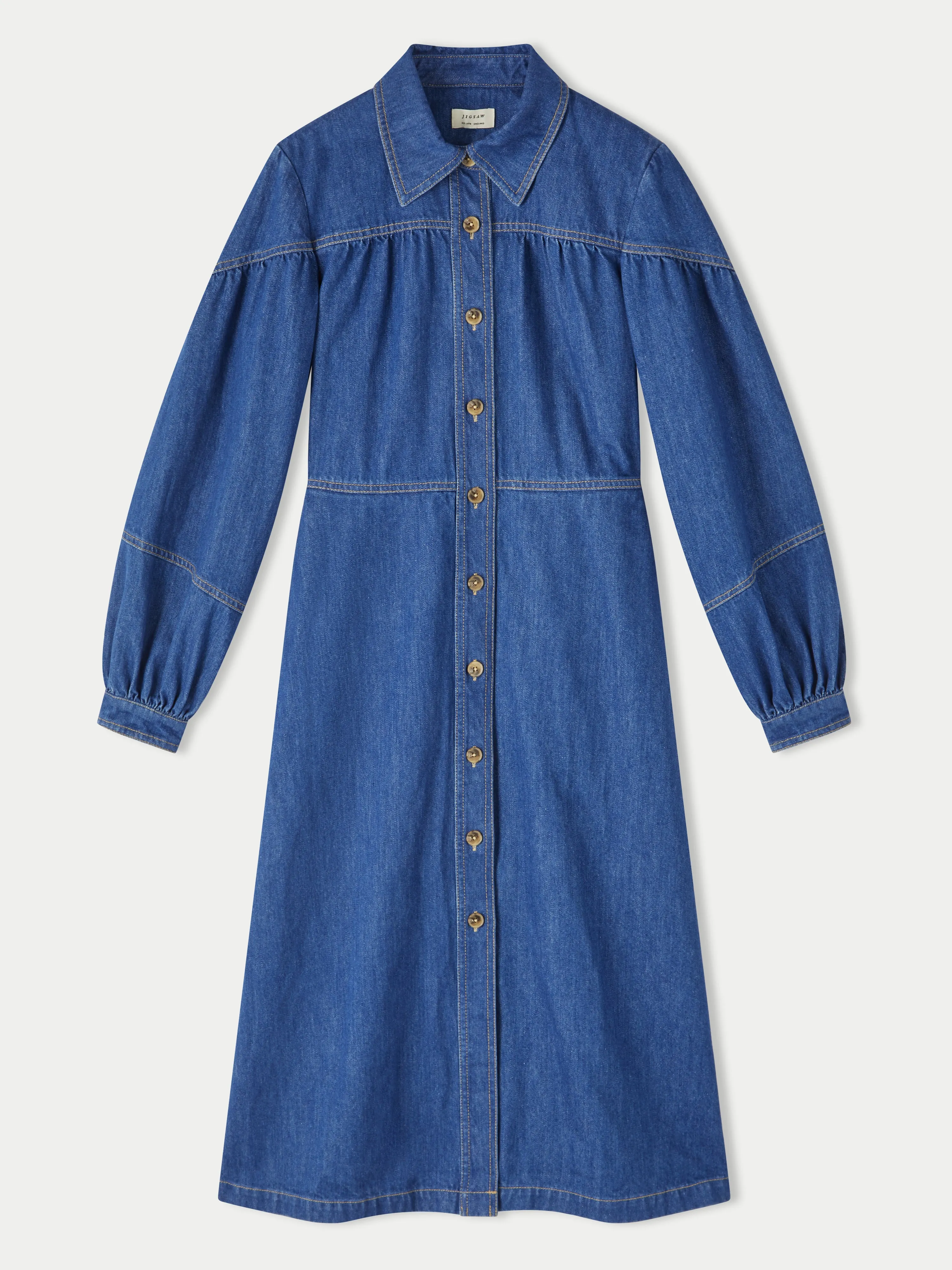 Denim Gathered Sleeve Dress | Blue