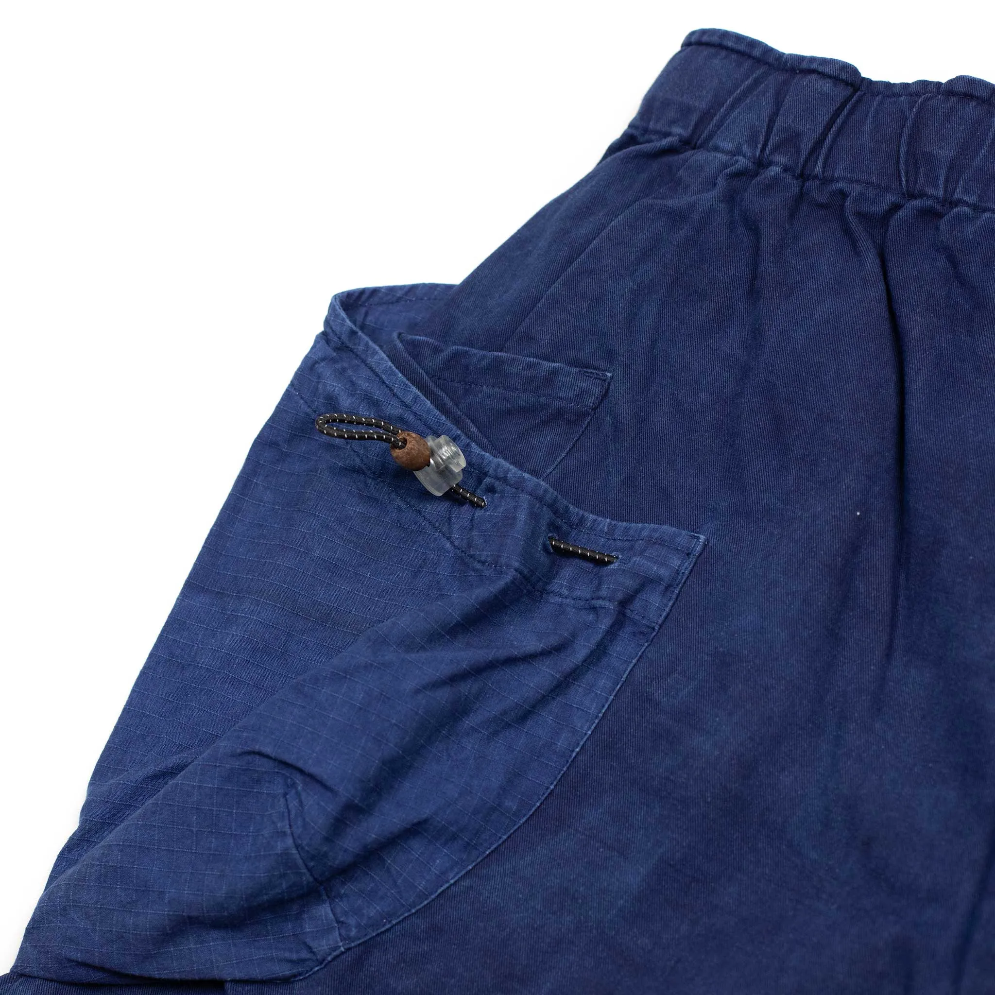 Field shorts in natural indigo paneled cotton twill and ripstop