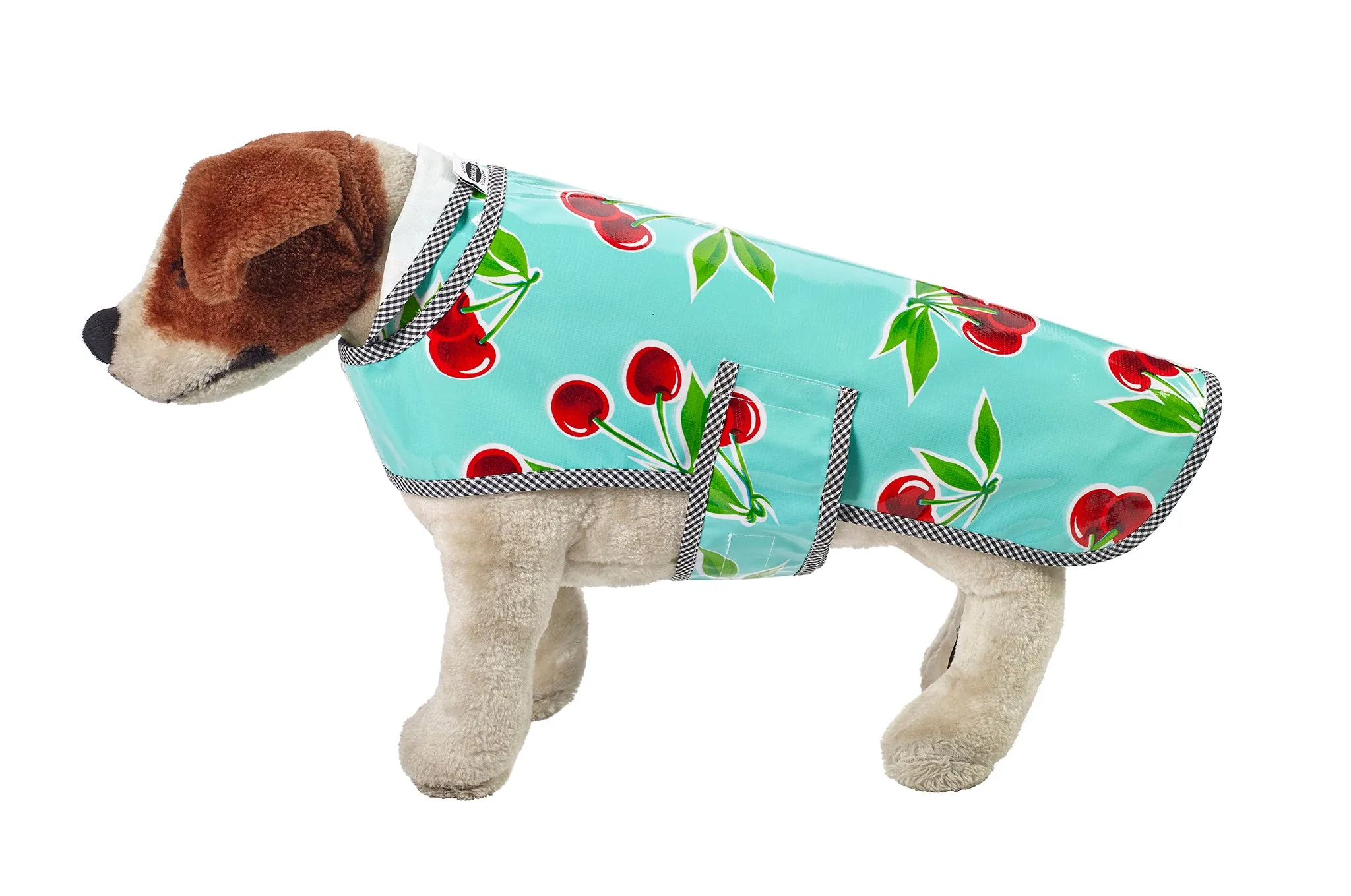 Freckled Sage Oilcloth Doggie Raincoat in Cherry Aqua