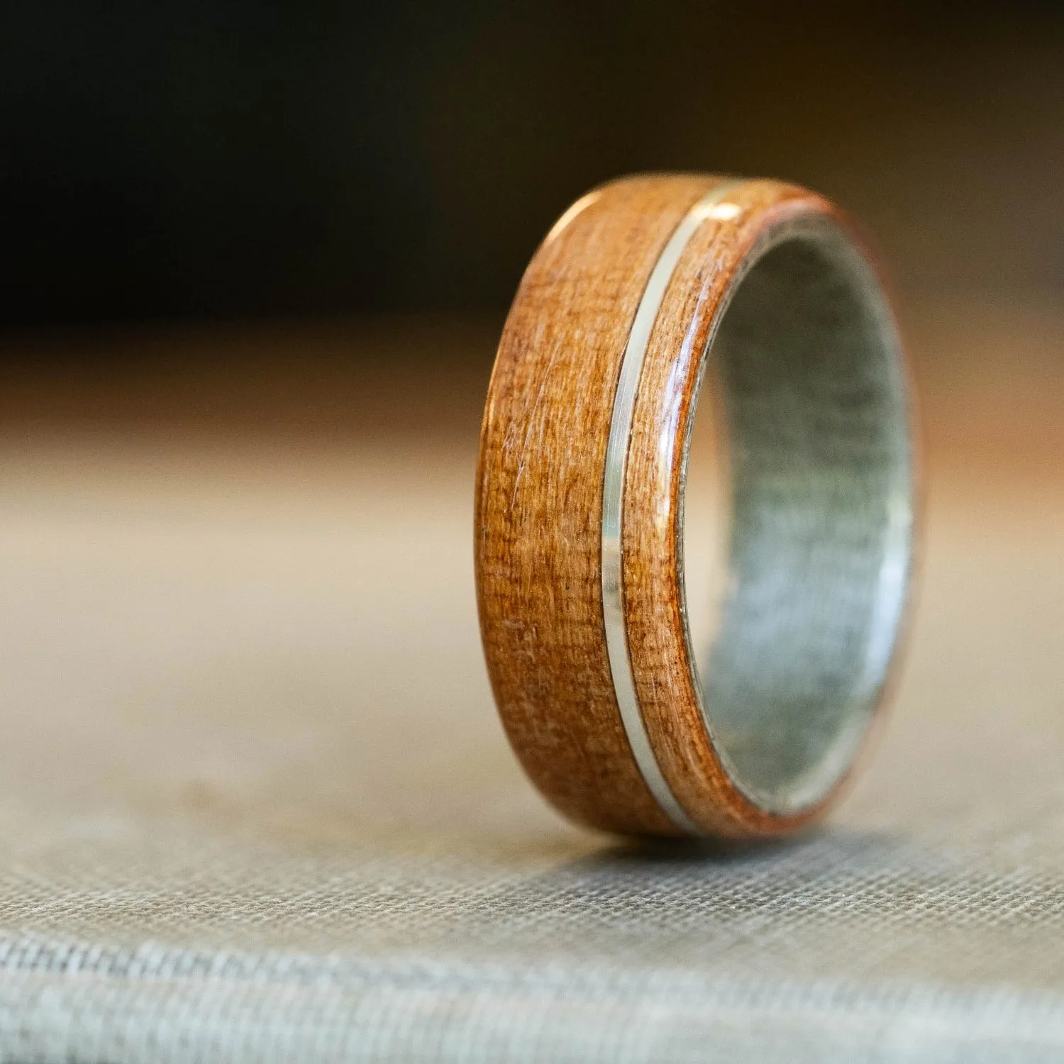 (In-Stock) Black Cherry Wooden Ring with Weathered Maple Liner & Offset Sterling Silver - Size 9.5 | 8mm Wide