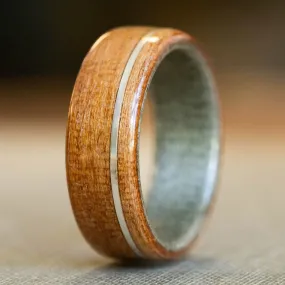 (In-Stock) Black Cherry Wooden Ring with Weathered Maple Liner & Offset Sterling Silver - Size 9.5 | 8mm Wide