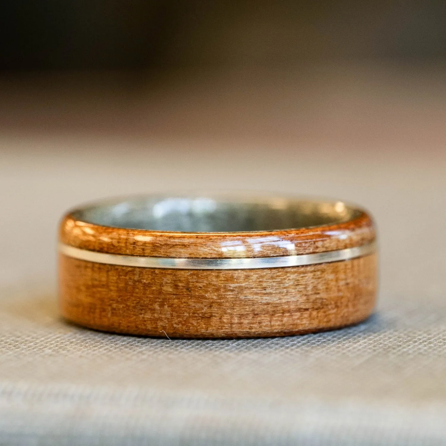 (In-Stock) Black Cherry Wooden Ring with Weathered Maple Liner & Offset Sterling Silver - Size 9.5 | 8mm Wide