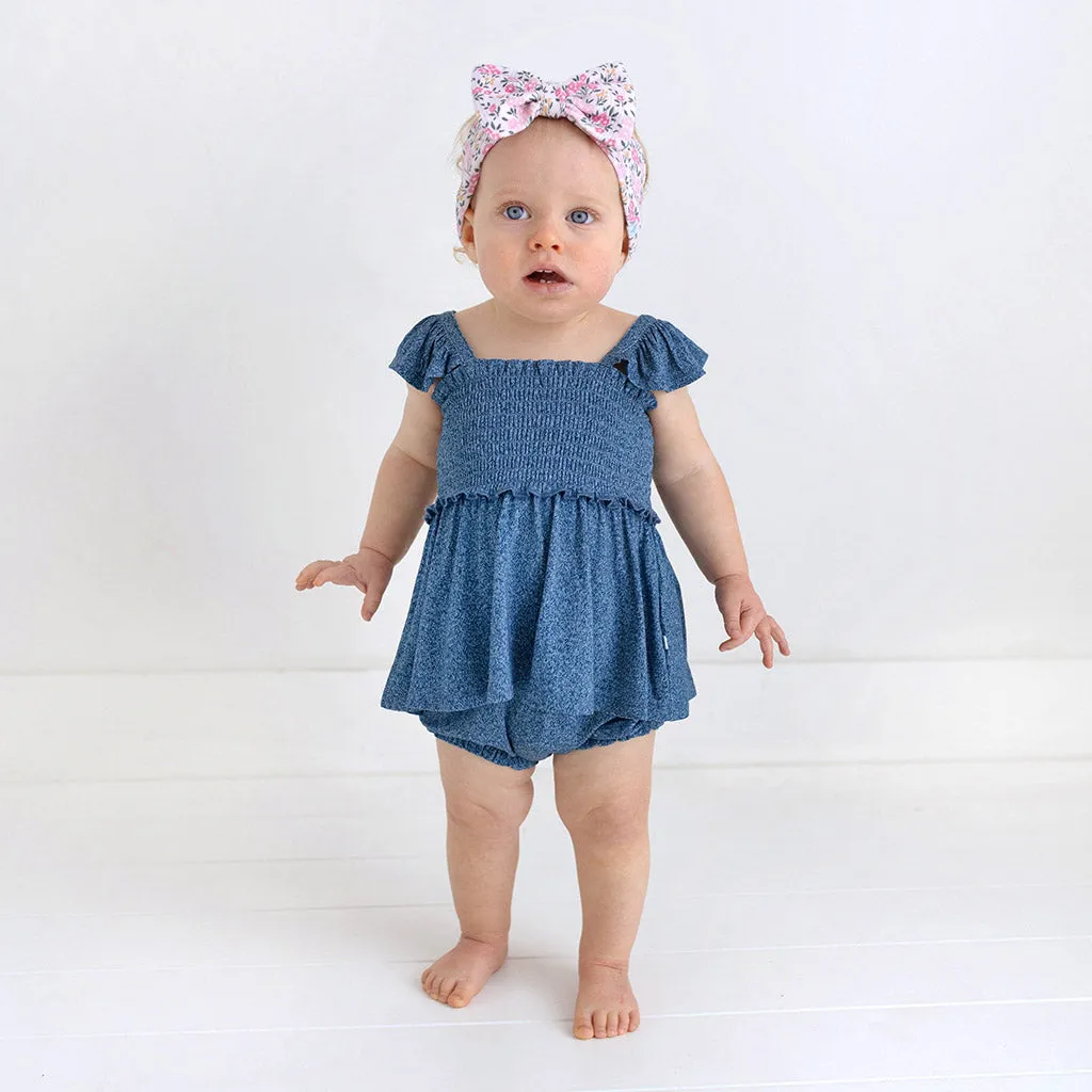 Indigo Denim Smocked Babydoll Bummie Set