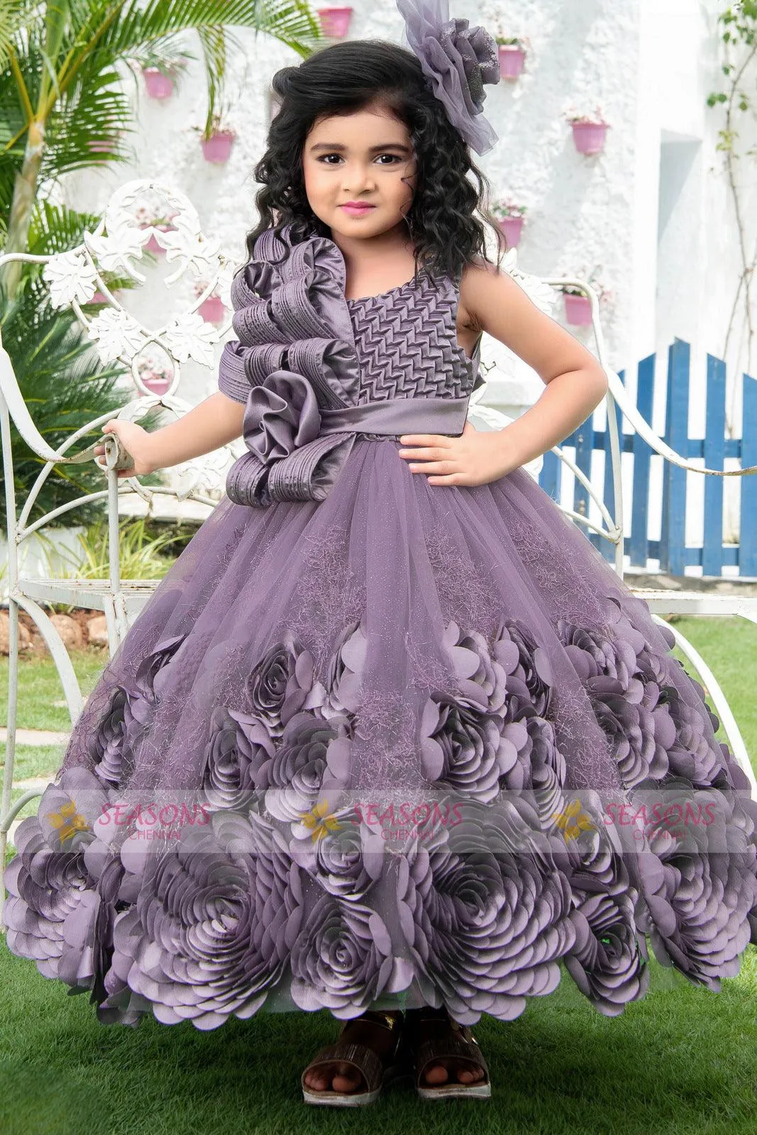 Lilac Satin with Netted and Glitter work Long Party Frock for Girls