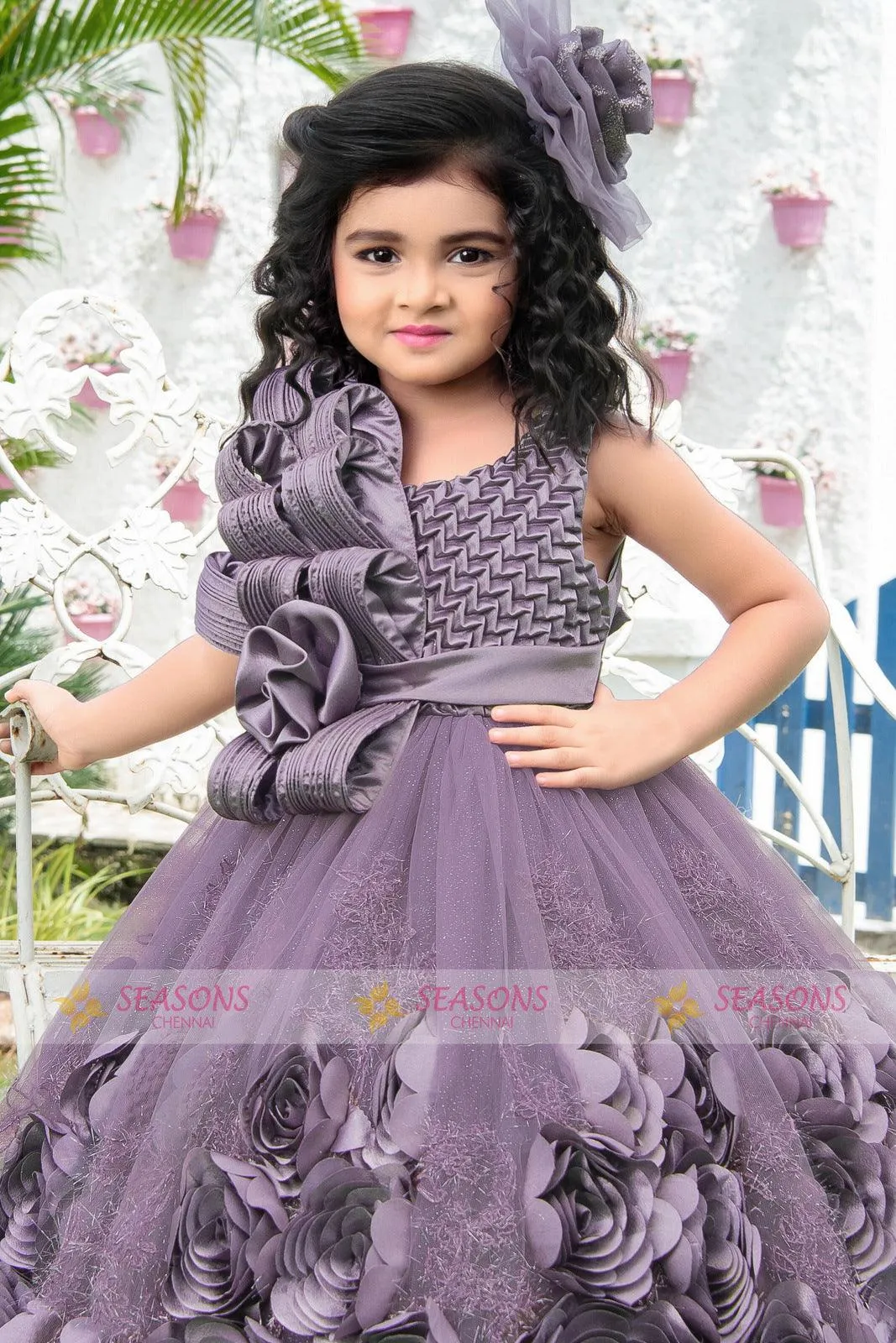 Lilac Satin with Netted and Glitter work Long Party Frock for Girls