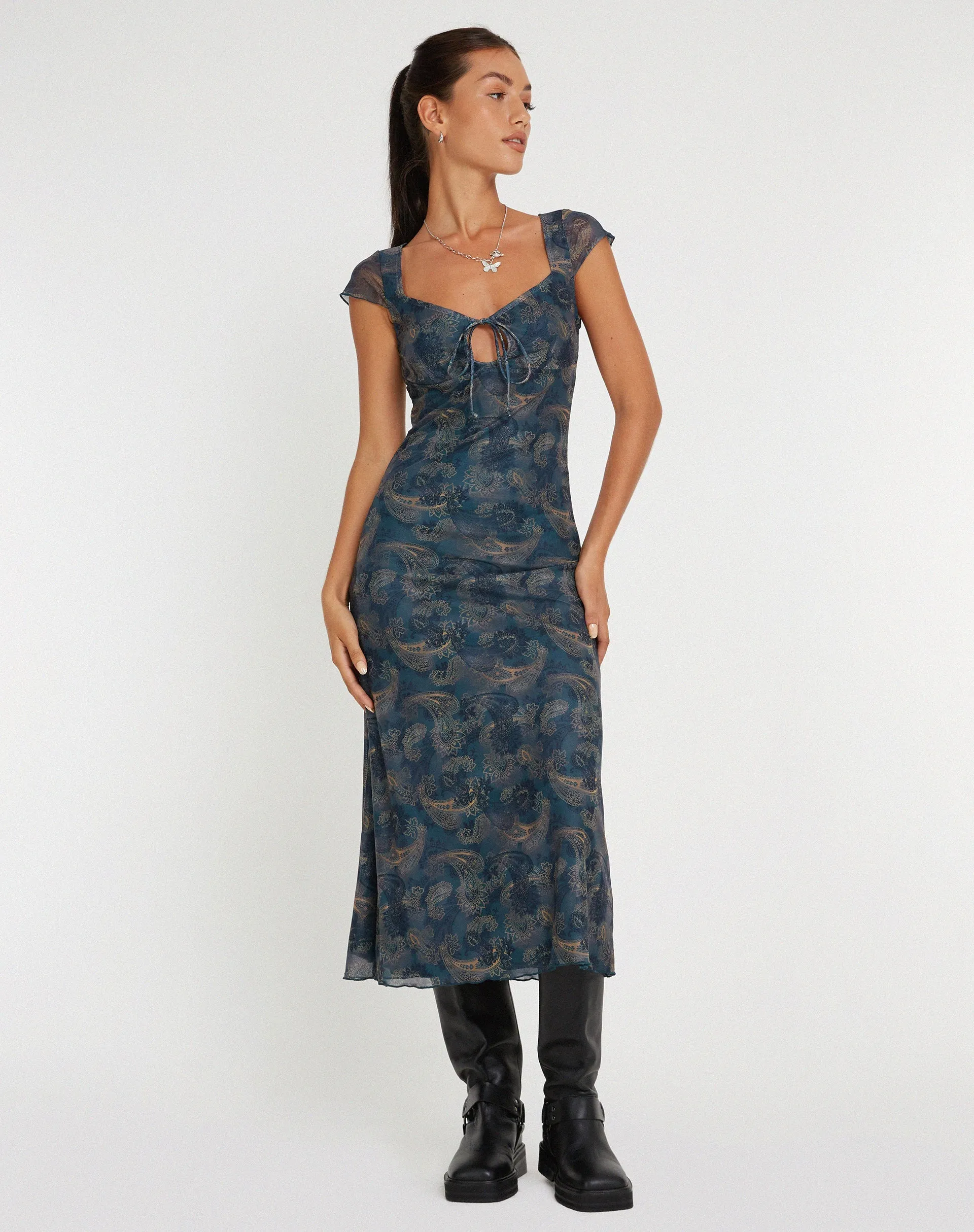 Lunama Mesh Midi Dress in Tonal Blue Paisley