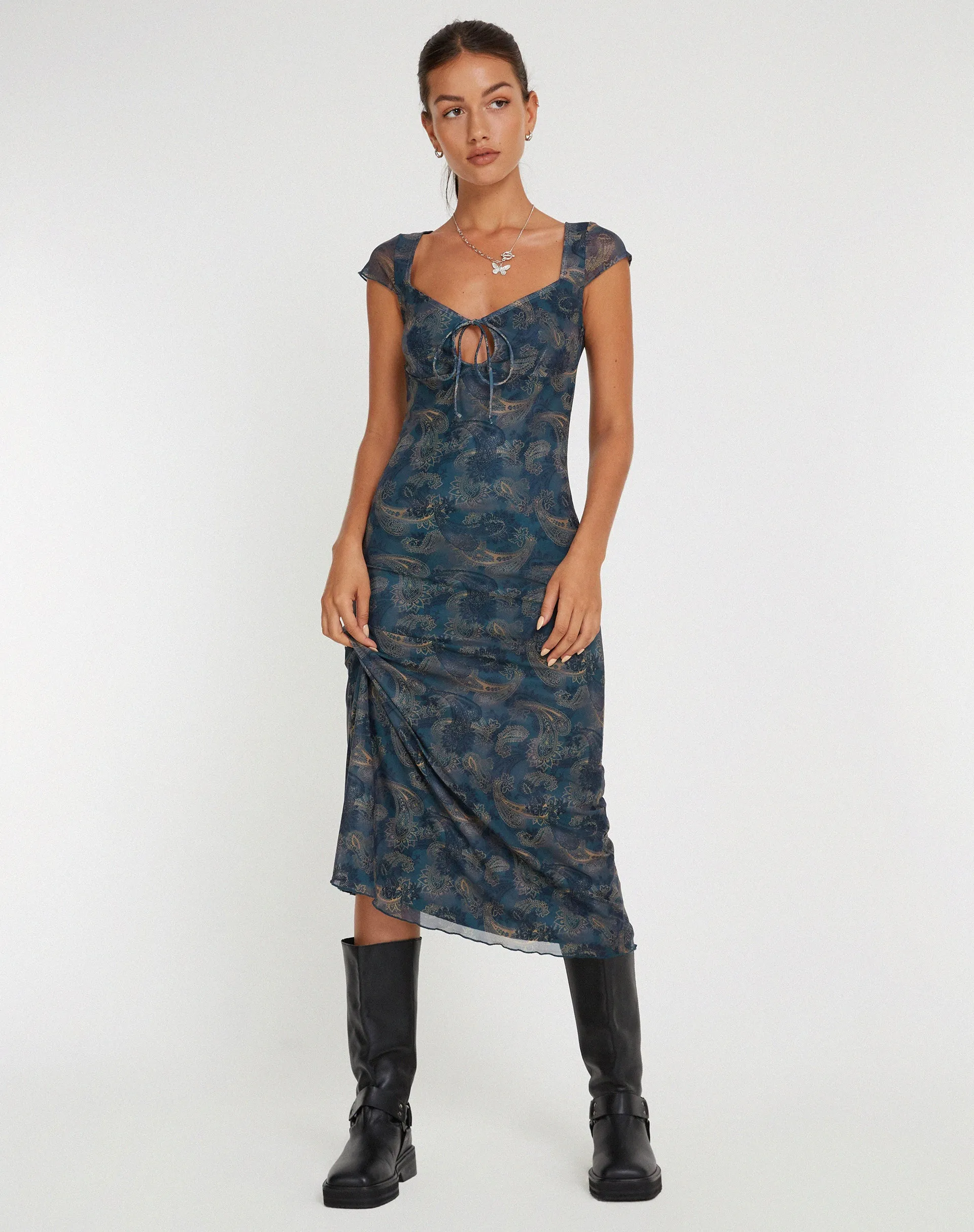 Lunama Mesh Midi Dress in Tonal Blue Paisley