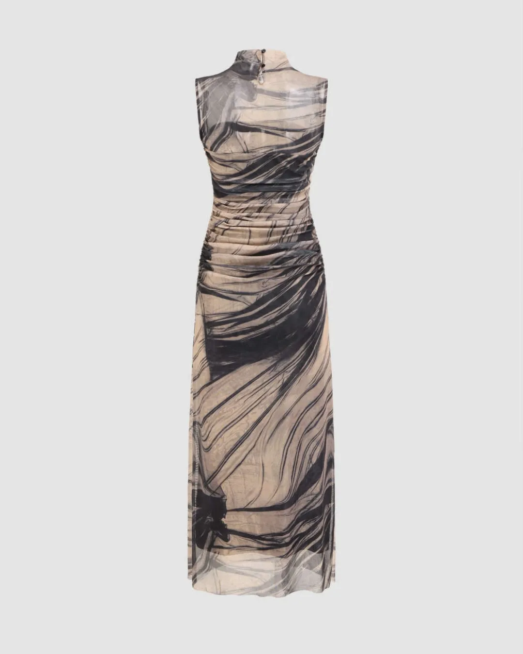 Mesh High Neck Abstract Patterned Maxi Fitted Dress