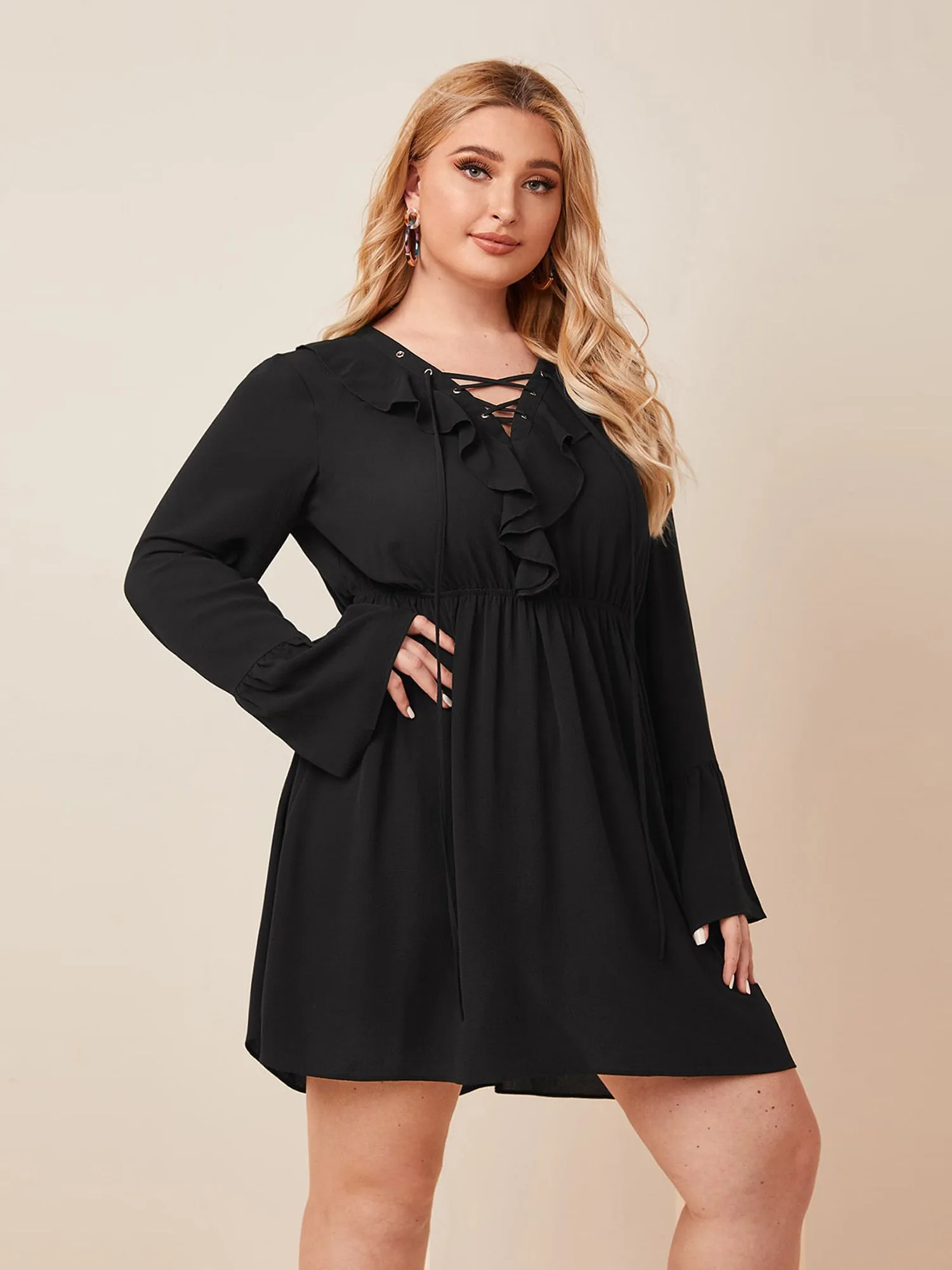 Midsize Ruffle Lace-up Flared Sleeve Dress