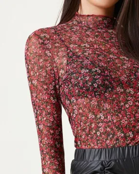 Mock Neck Ditsy Sheer FloralTop