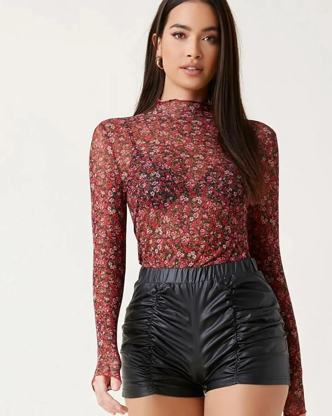 Mock Neck Ditsy Sheer FloralTop