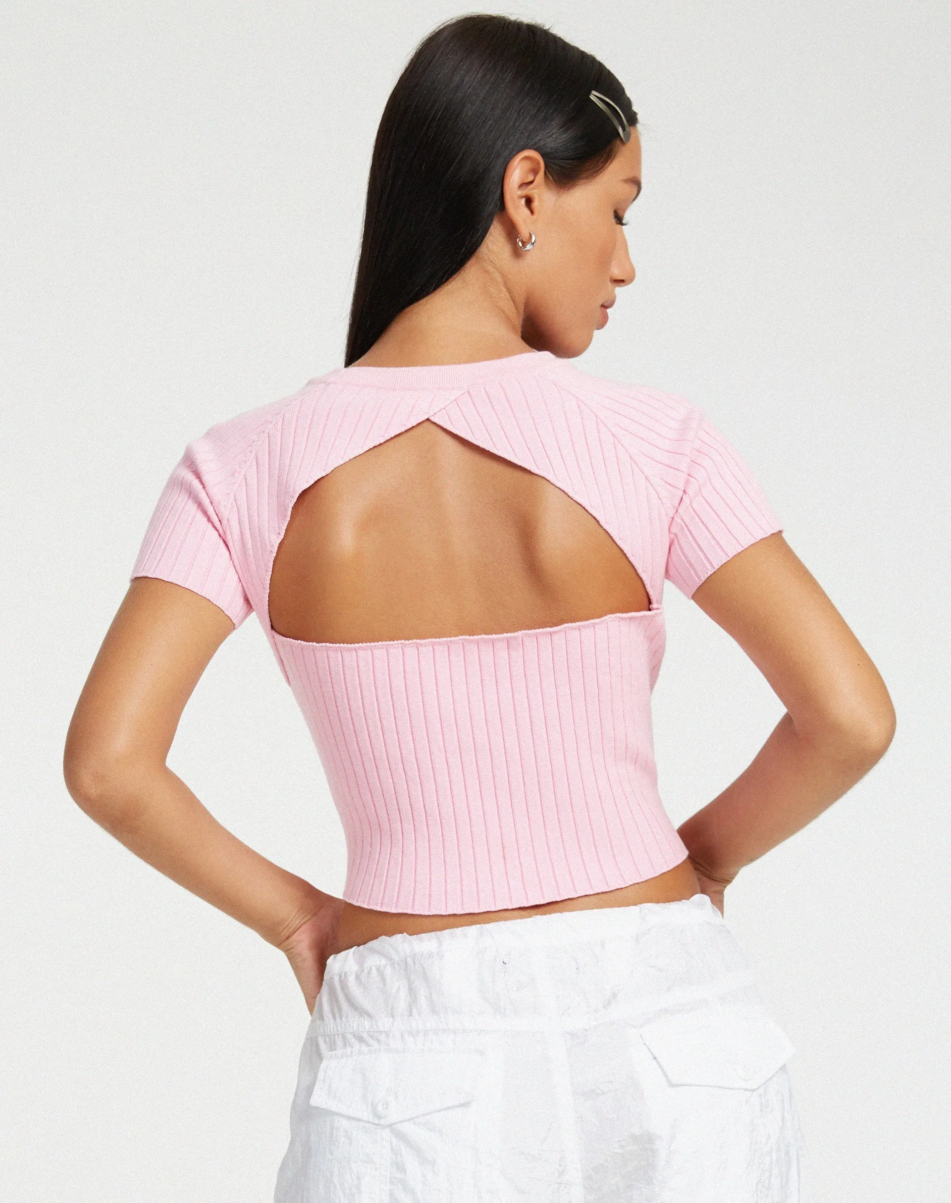 Morsche Cut Out Crop Knitted Top in Pink