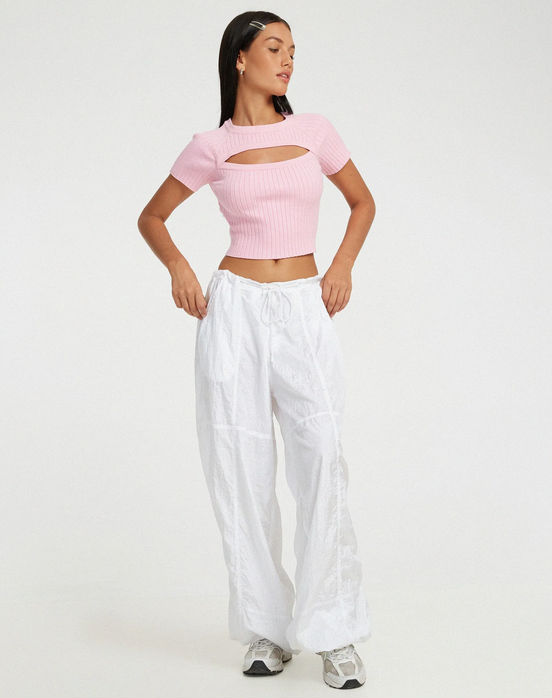 Morsche Cut Out Crop Knitted Top in Pink