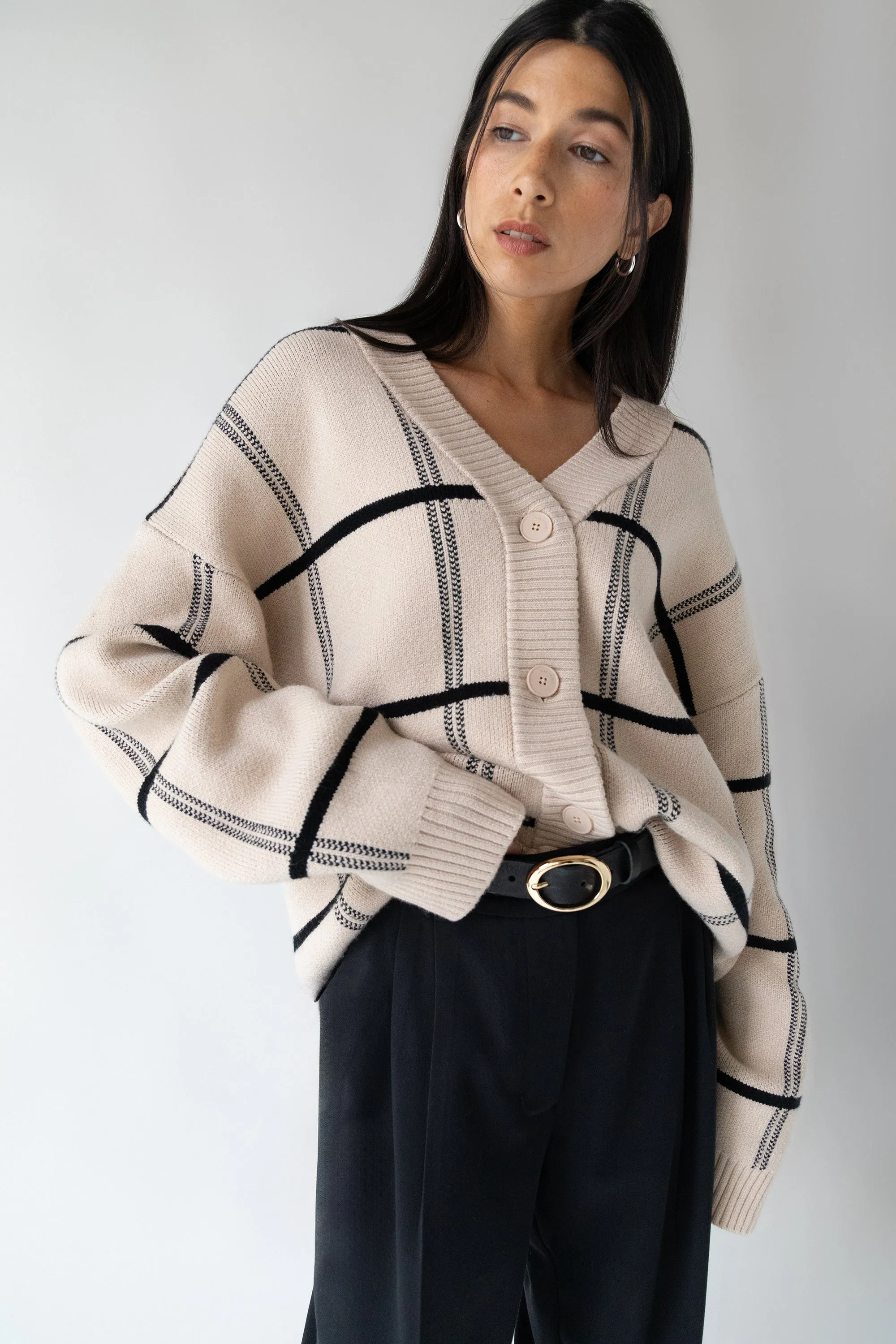 OVERSIZED GRID BUTTON FRONT CARDIGAN