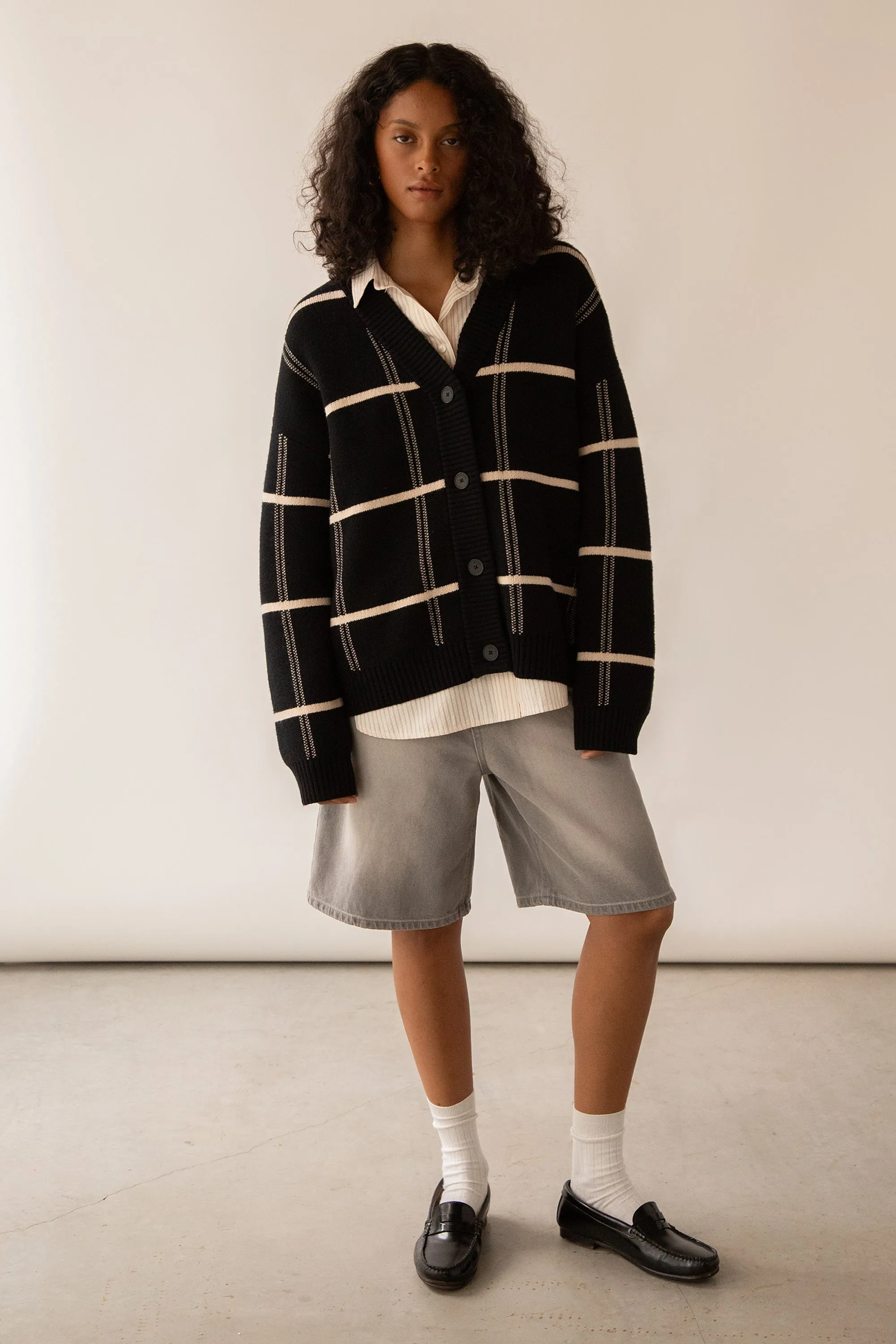 OVERSIZED GRID BUTTON FRONT CARDIGAN