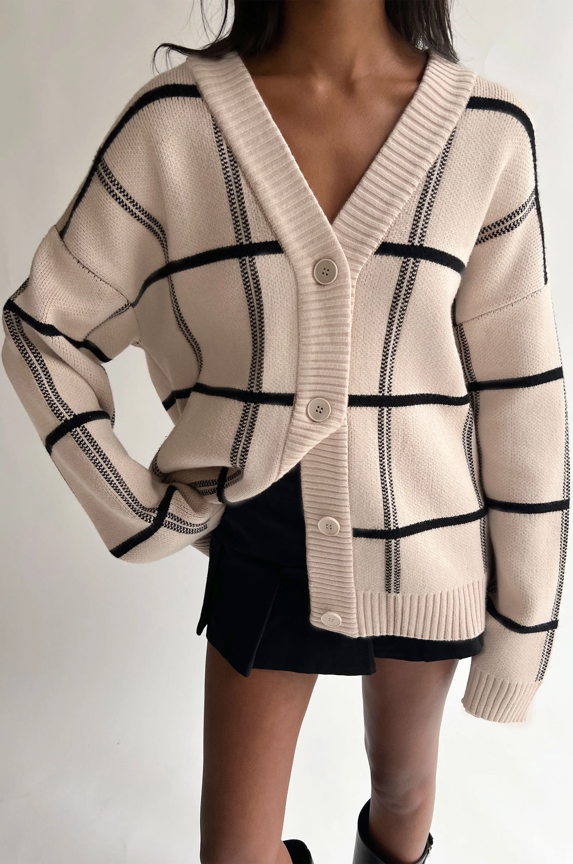 OVERSIZED GRID BUTTON FRONT CARDIGAN