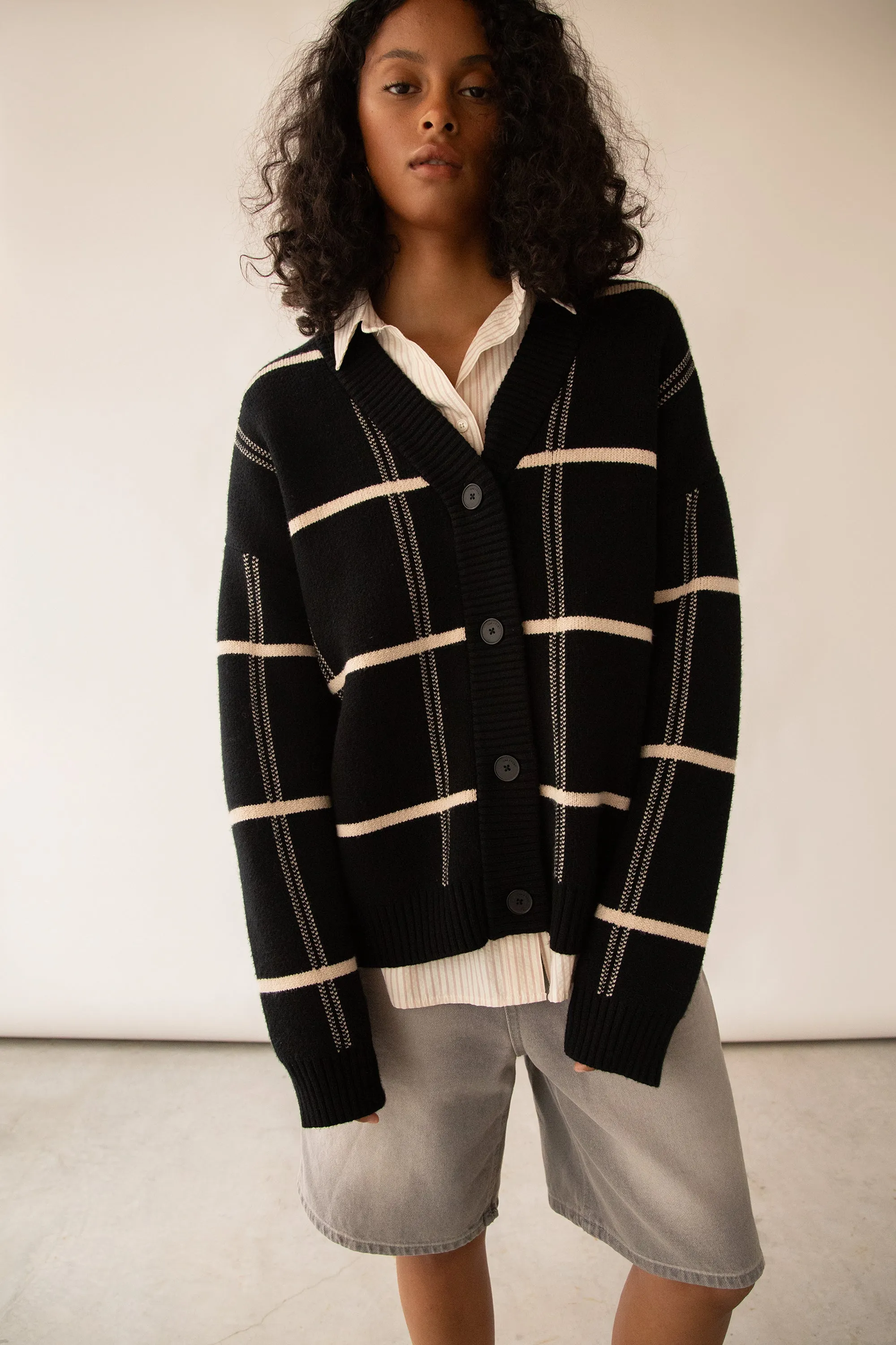 OVERSIZED GRID BUTTON FRONT CARDIGAN