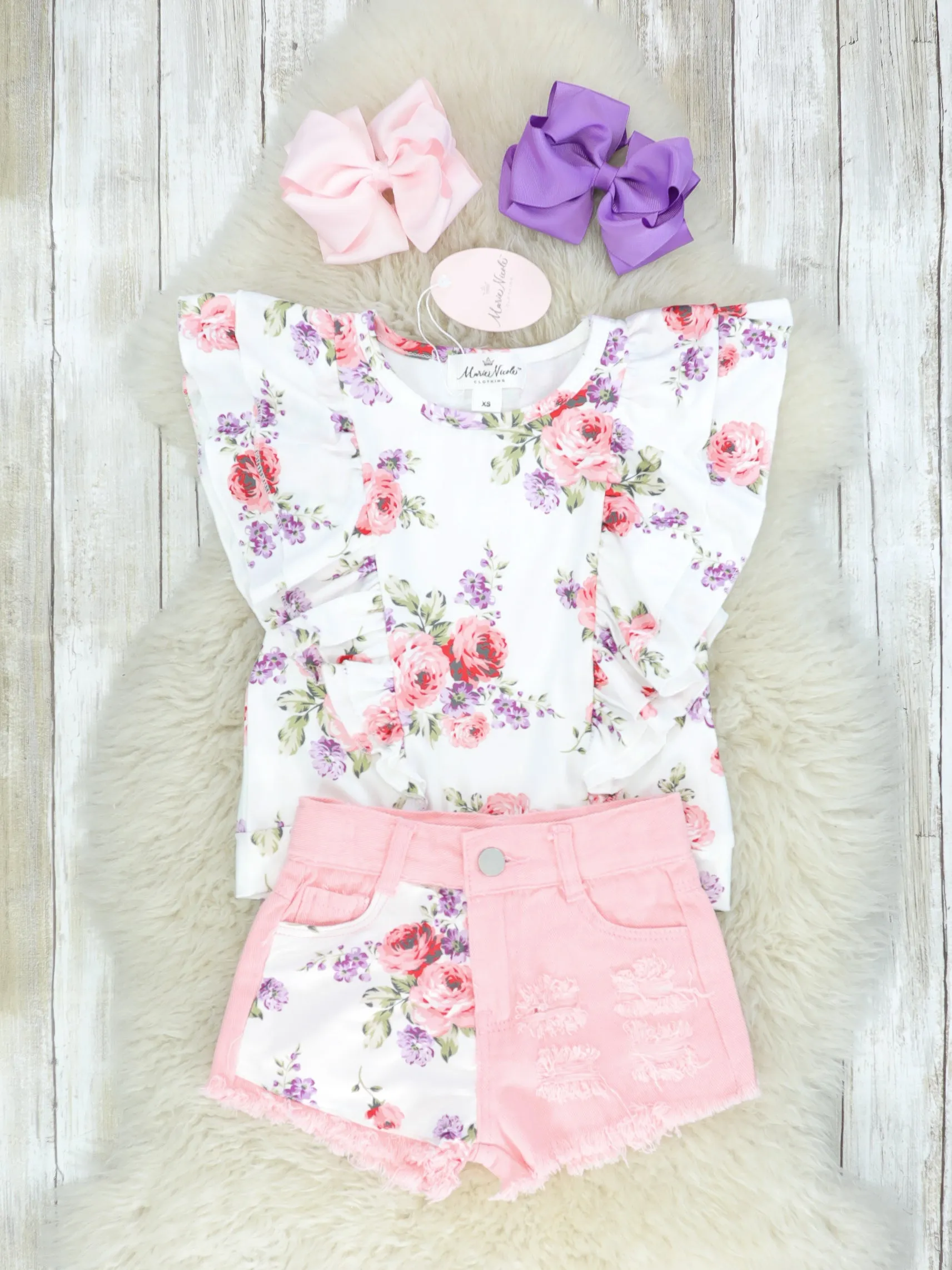 Pink Floral Ruffle Top & Distressed Denim Shorts