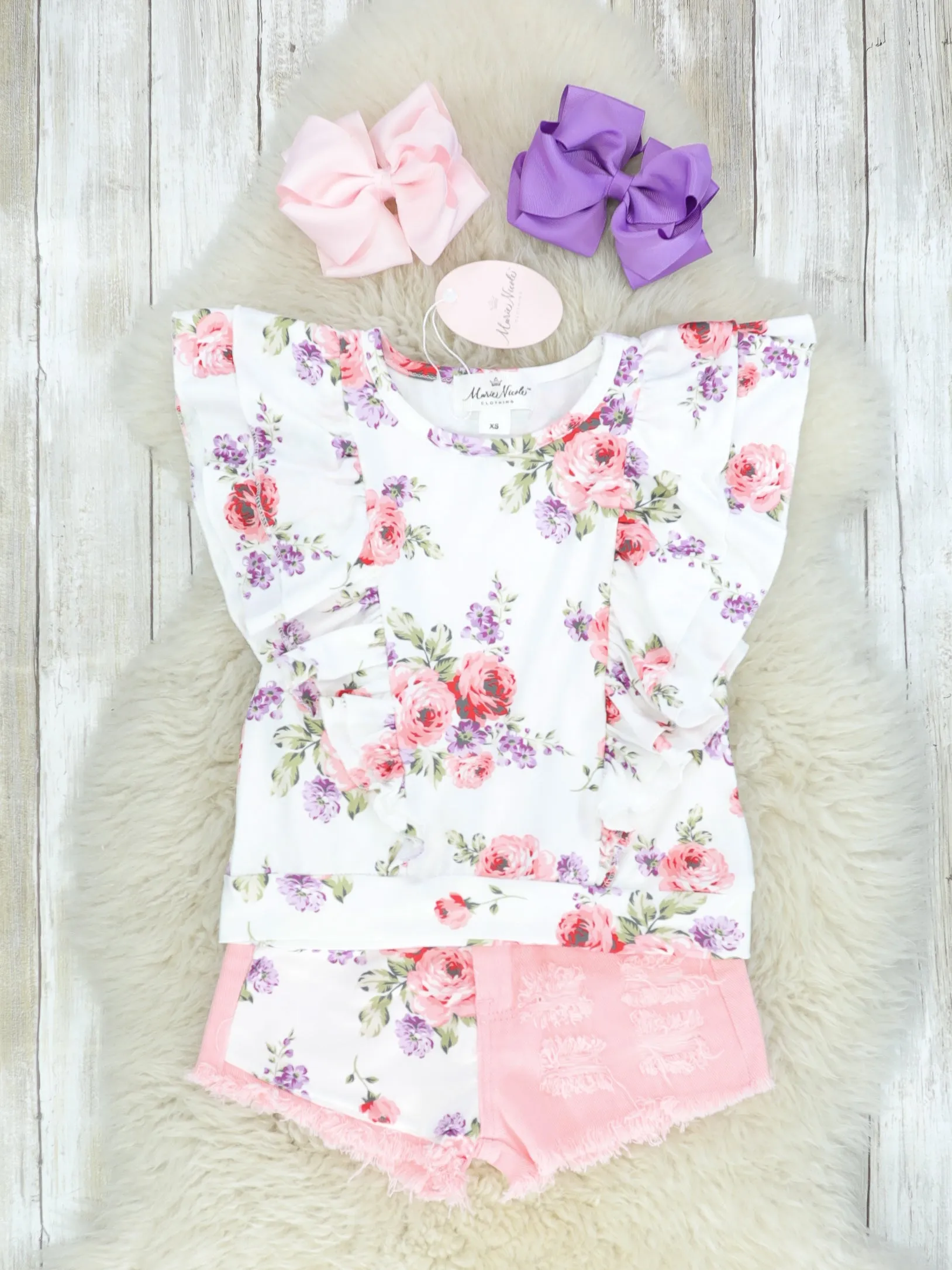 Pink Floral Ruffle Top & Distressed Denim Shorts