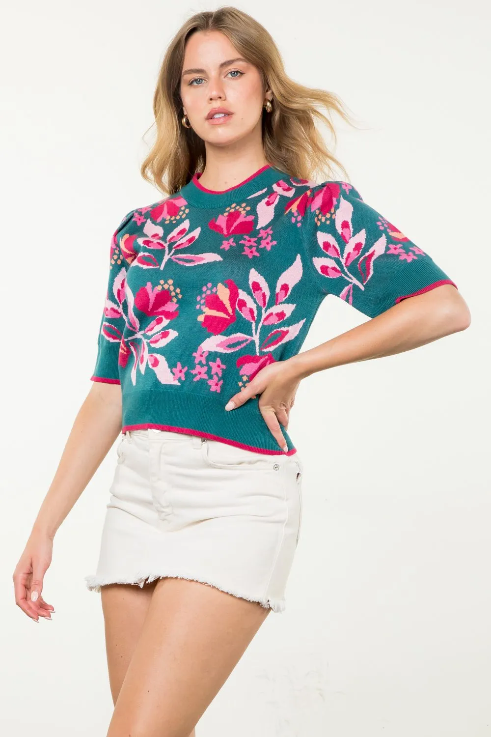 Rossana Floral Knit Short Sleeve THML Top