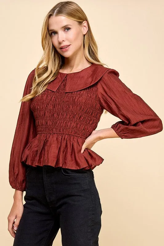 Ruffle Hem Smocked Detail Blouse