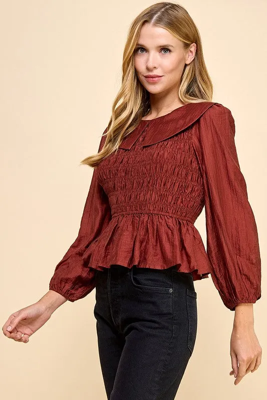 Ruffle Hem Smocked Detail Blouse