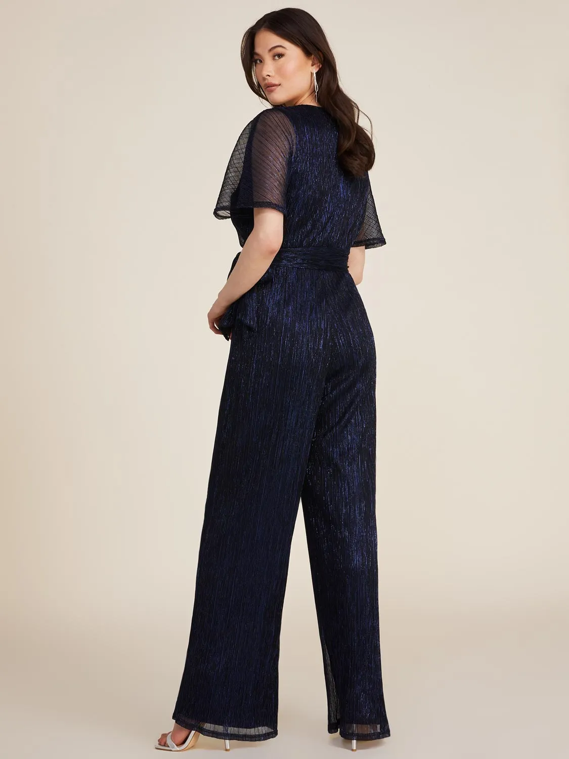 Short Flutter Sleeve Metallic Crinkle Knit Jumpsuit