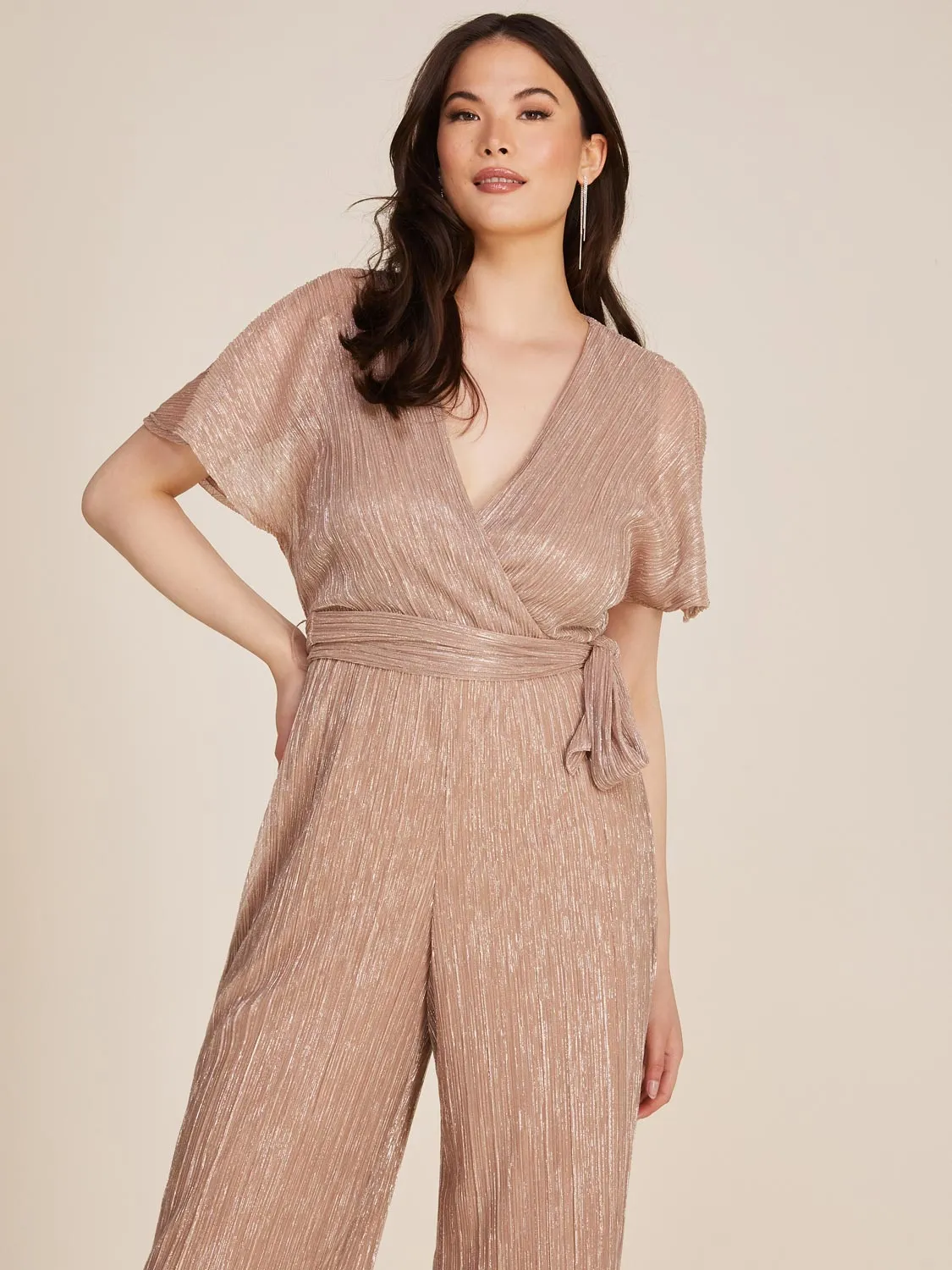 Short Flutter Sleeve Metallic Crinkle Knit Jumpsuit