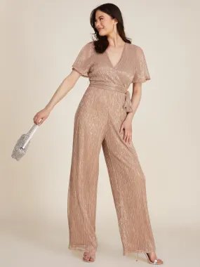 Short Flutter Sleeve Metallic Crinkle Knit Jumpsuit