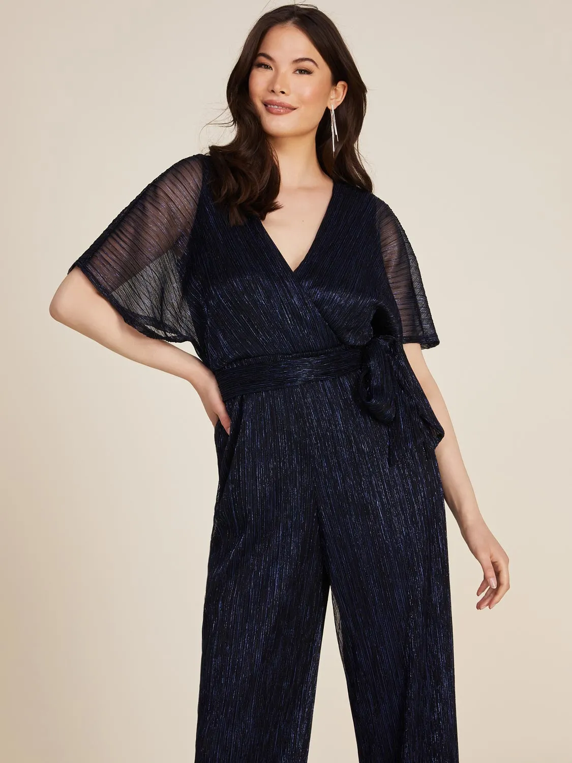 Short Flutter Sleeve Metallic Crinkle Knit Jumpsuit